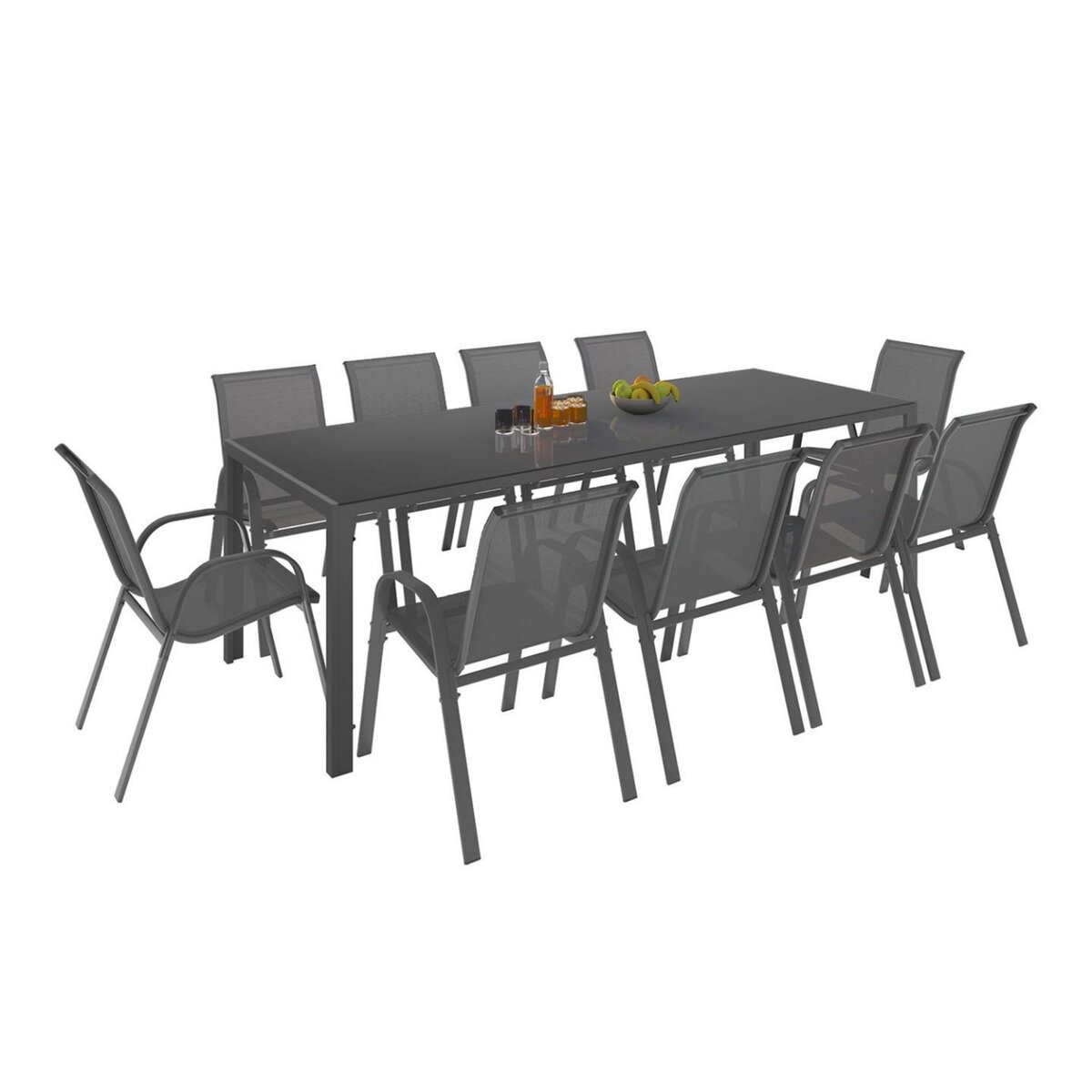 ID MARKET Salon de jardin MADRID table 240 CM et 10 chaises empilables gris anthracite