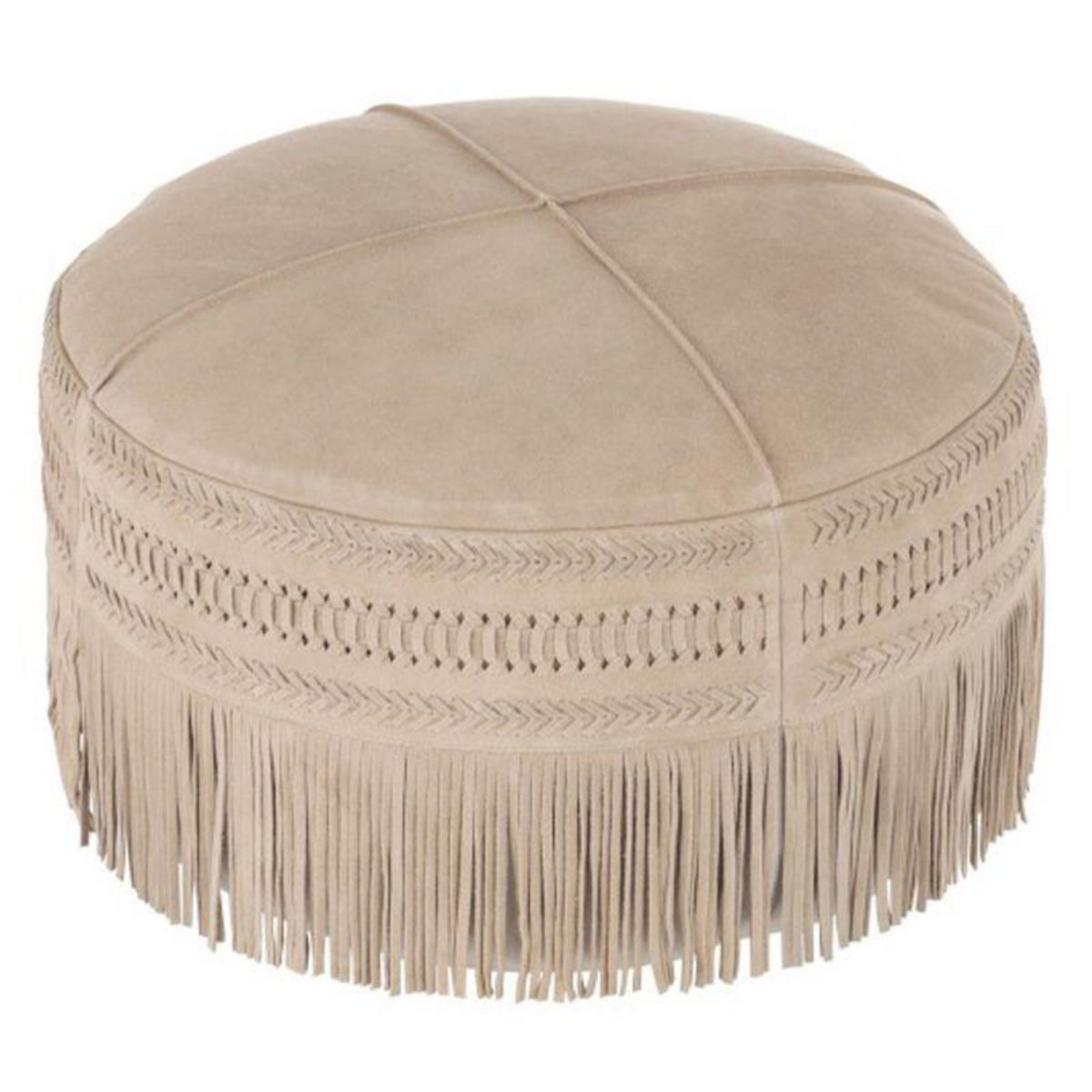 Paris Prix Pouf Rond en Cuir à Franges  India  50cm Gris