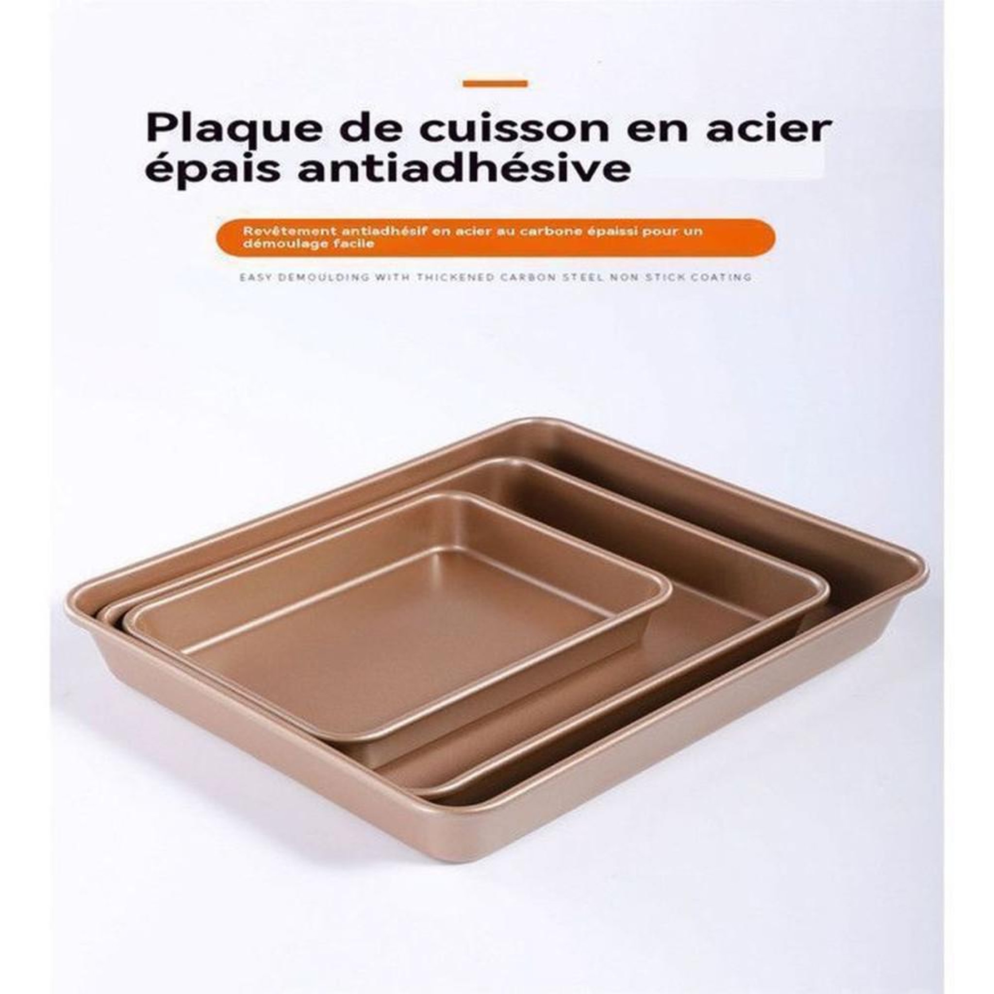 Voir la diapositive 3 : Set de 3 plateaux de cuisson rectangulaires pour four acier au carbone inox 22 28 32 cm antiadhésifs empilables
