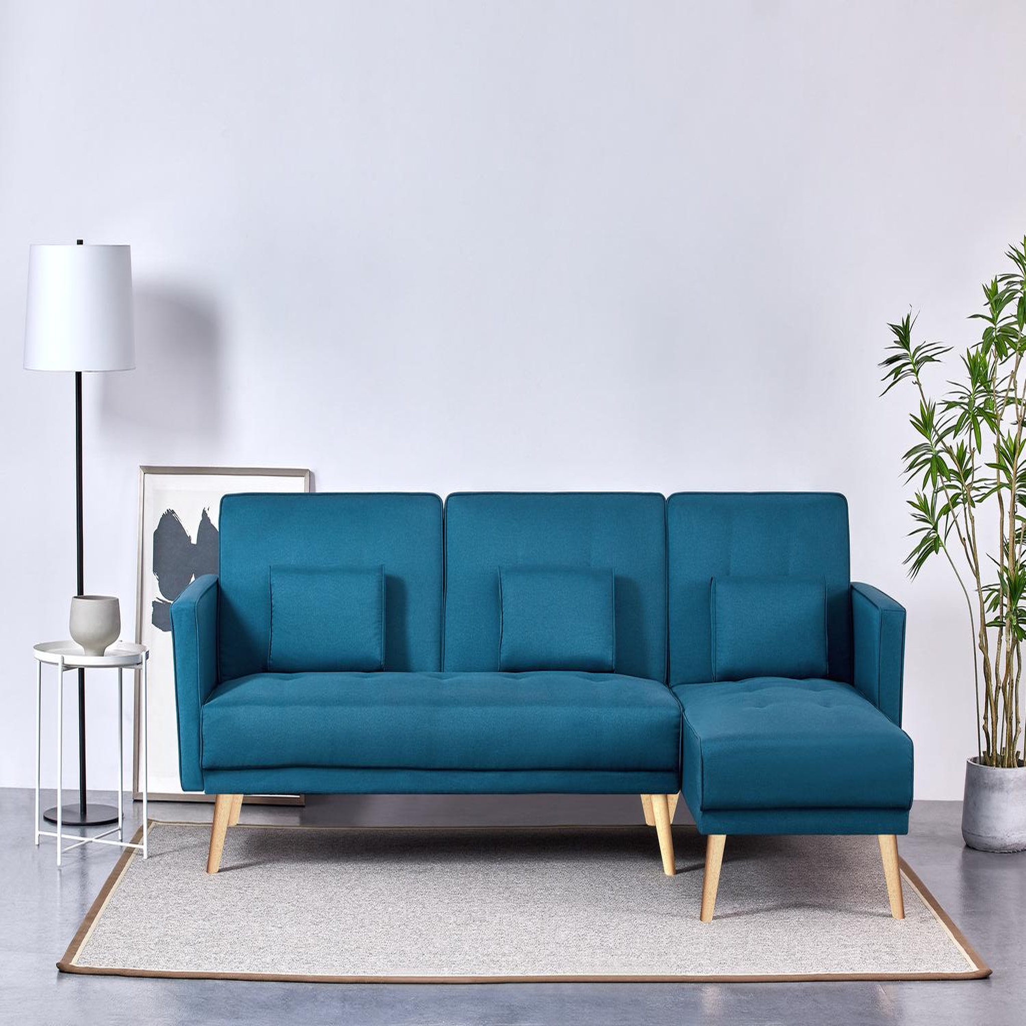 Voir la diapositive 2 : CONCEPT USINE Canapé d'angle réversible et convertible 4 places en tissu bleu canard GRACE