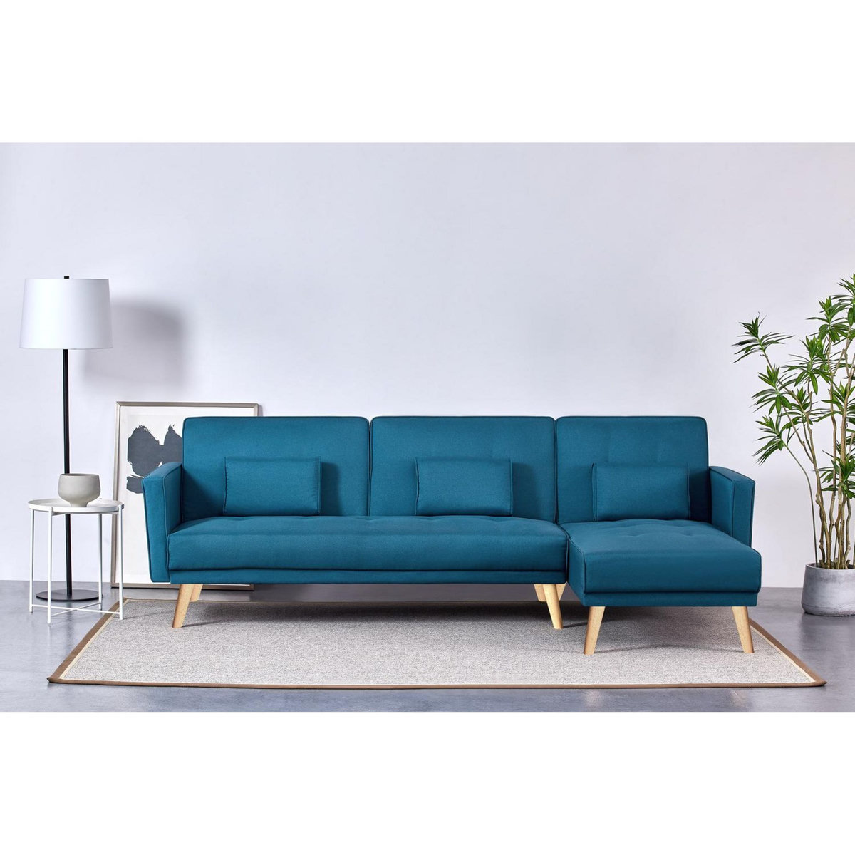 CONCEPT USINE Canapé d'angle réversible et convertible 4 places en tissu bleu canard GRACE