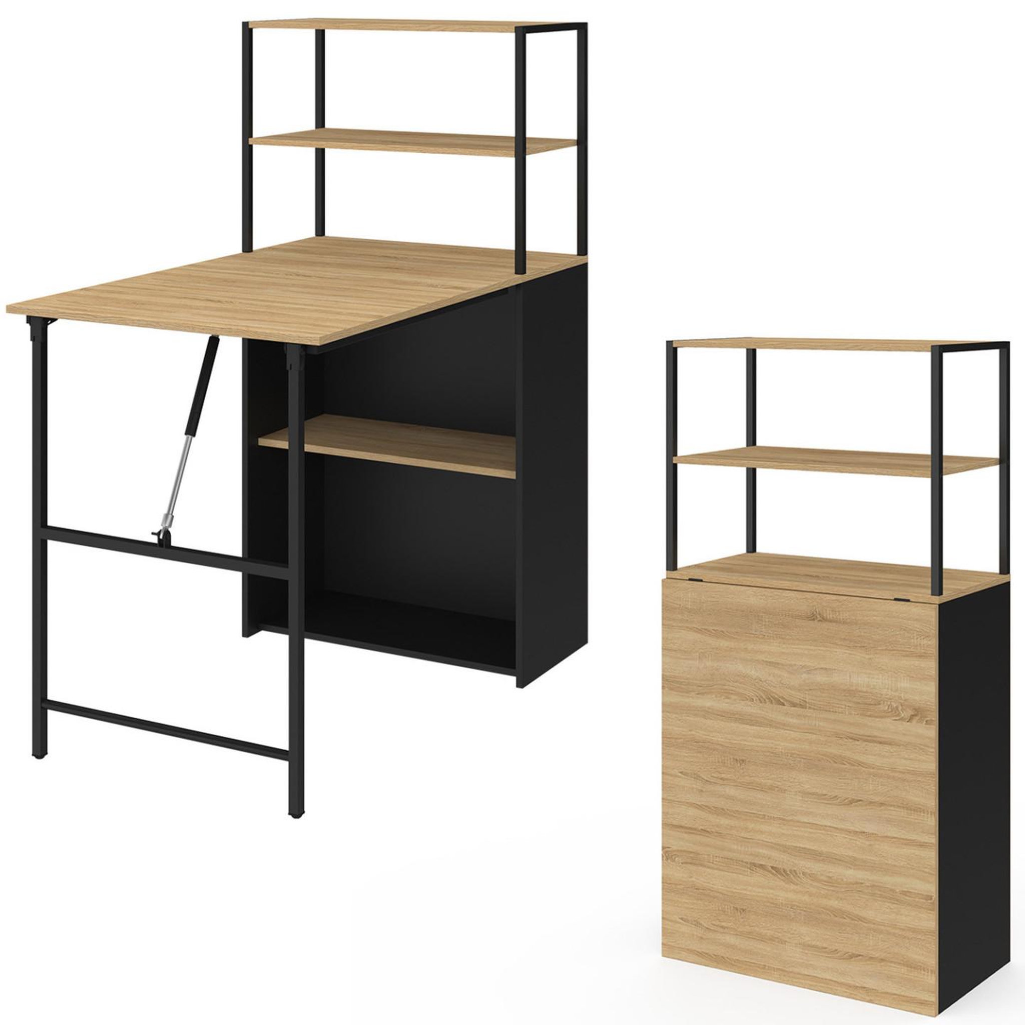 ID MARKET Bureau bibliothèque pliable ray plateau rabattable bois façon hêtre et noir