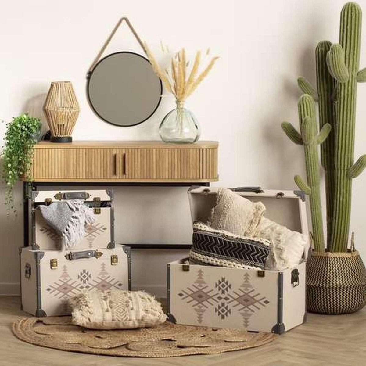 TOILINUX Miroir en métal suspendu avec corde - Diamètre 55 cm - Noir