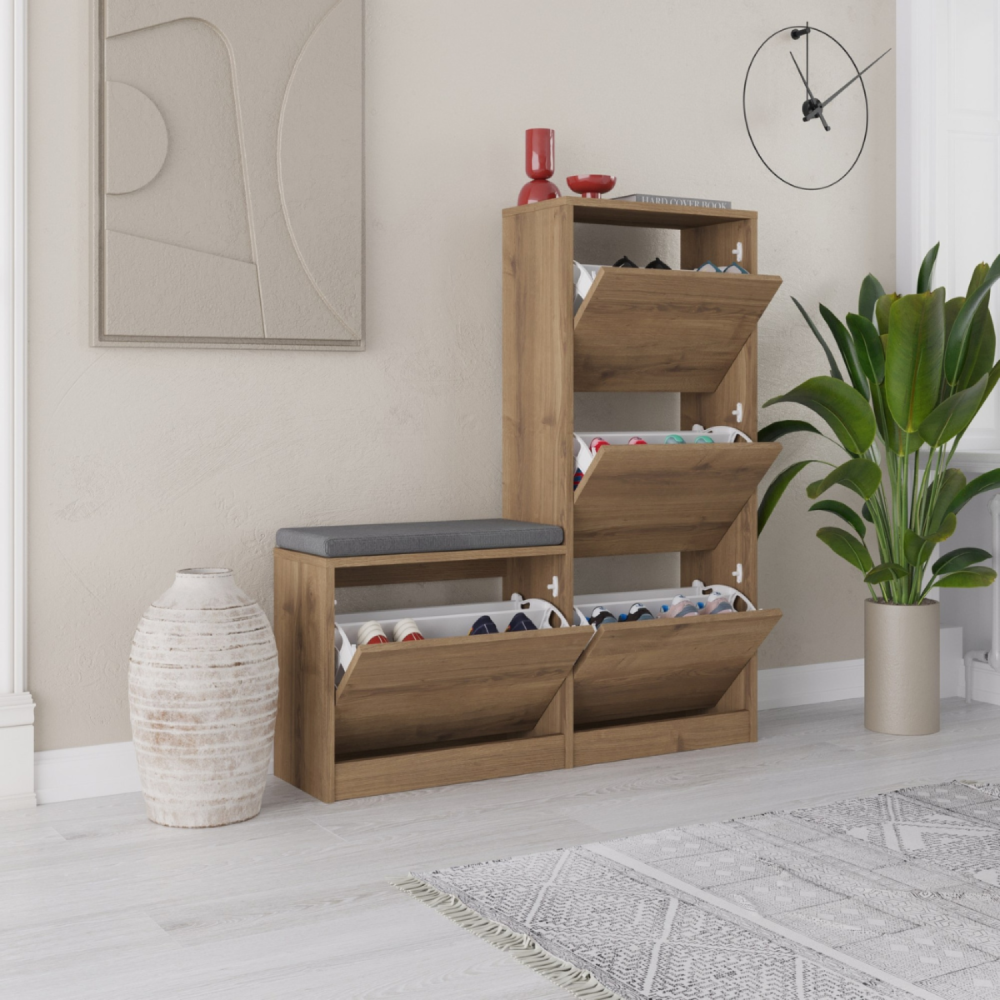 Voir la diapositive 5 : CONCEPT USINE Meuble à chaussures avec assise - 4 rangements - bois vales