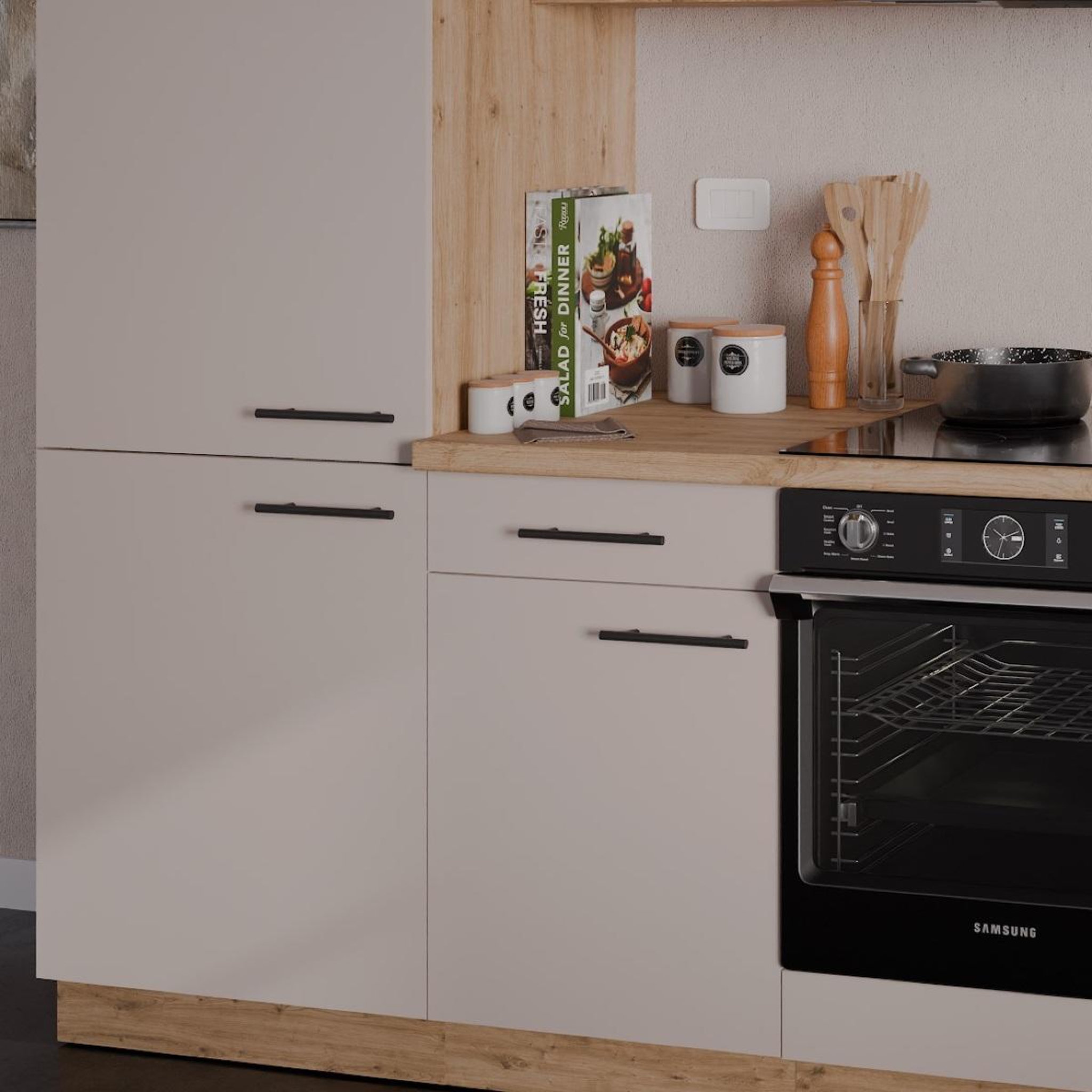 Voir la diapositive 4 : JLC KREATION Cuisine complète moderne beige et bois 270cm nala