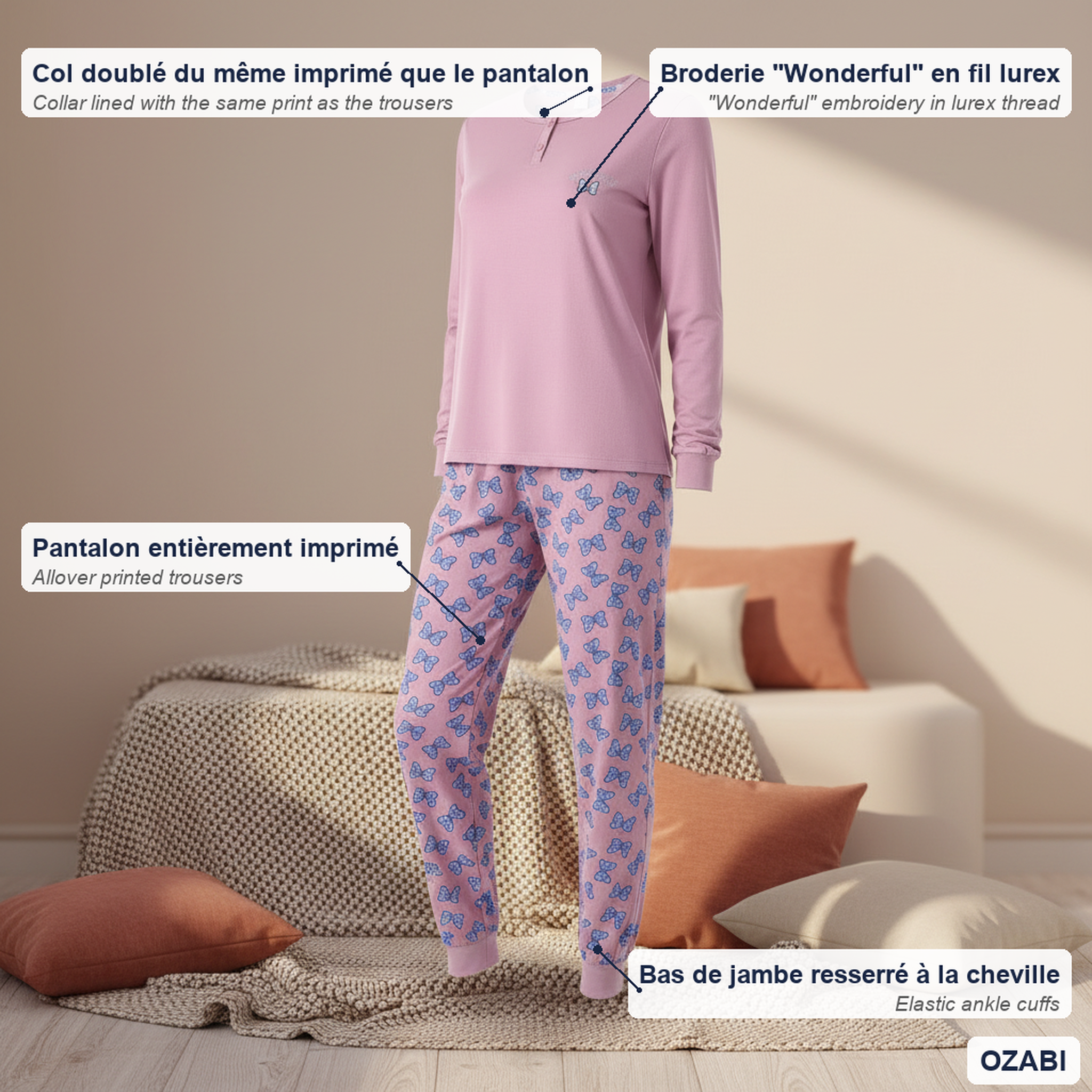 Voir la diapositive 5 : OZABI Ozabi ensemble pyjama femme coton doublé polaire broderie lurex