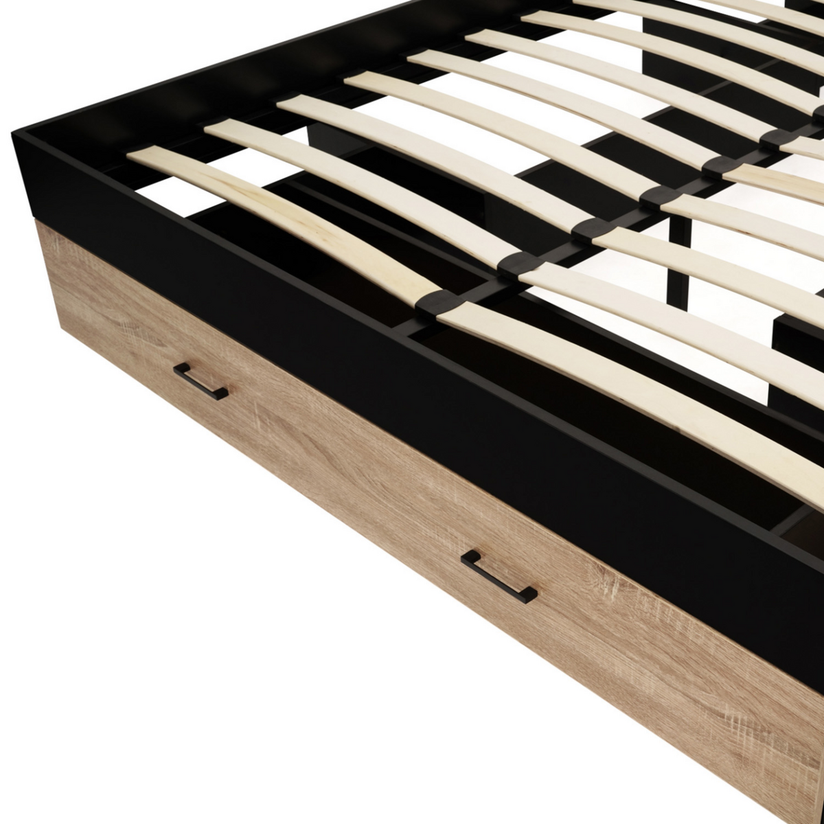 ID MARKET Lit double MINEA avec tiroirs + niches de rangement + tête de lit et sommier 140 x 190 cm façon hêtre et noir