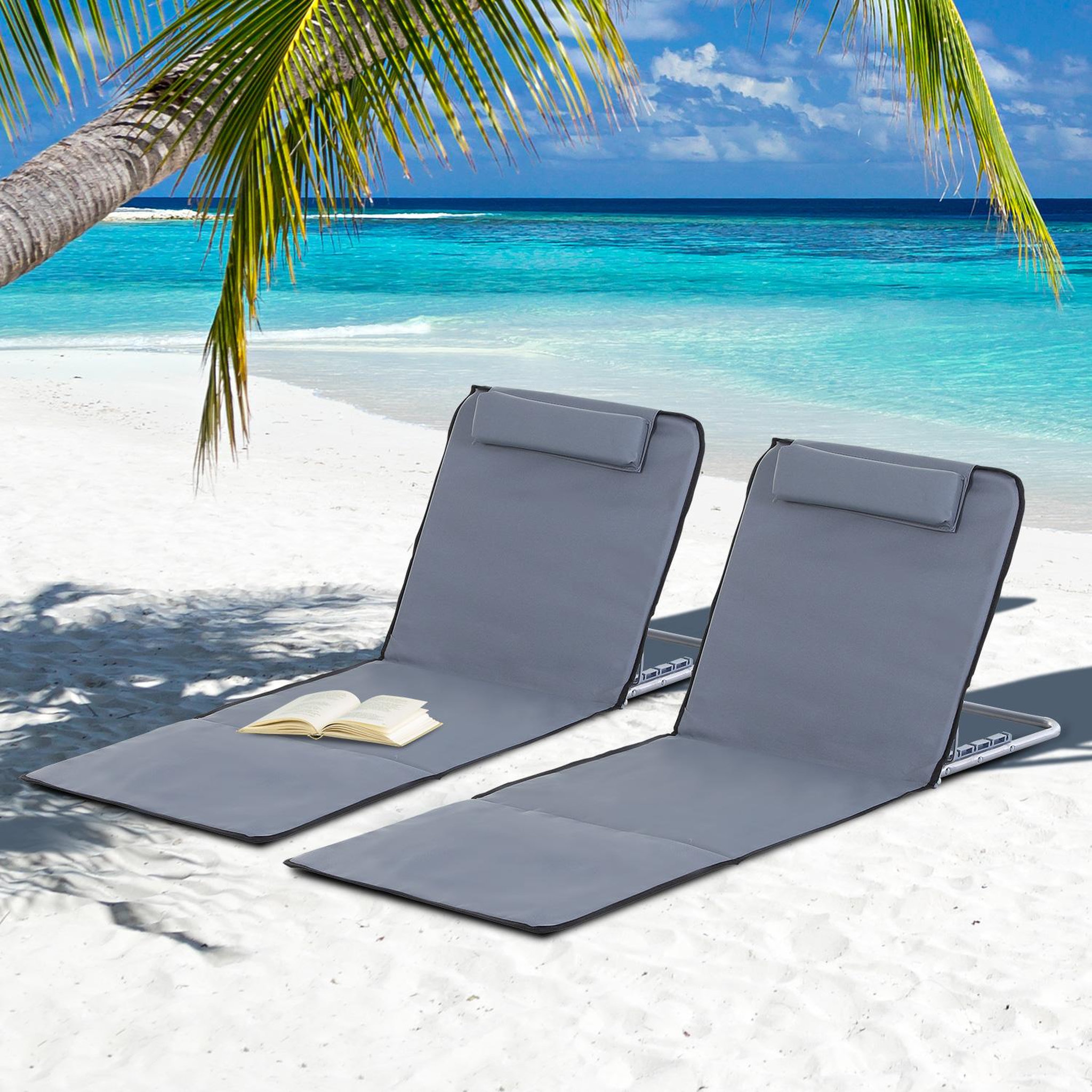 Voir la diapositive 2 : OUTSUNNY Lot de 2 tapis de plage rembourré - matelas de plage - nattes de plage - dossier inclinable multi-positions - sac transport inclus - métal polyester PE gris