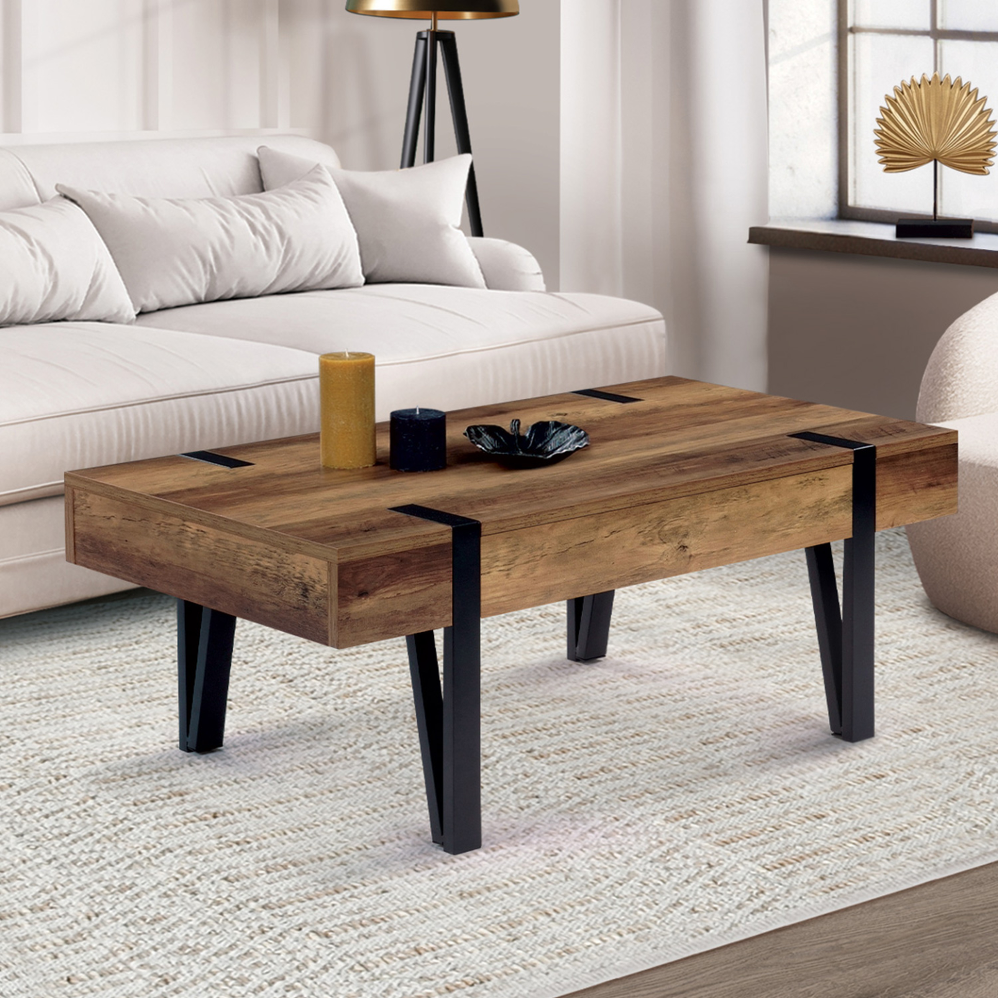Voir la diapositive 2 : ID MARKET Table basse rectangulaire 1 tiroir austria 100 cm bois pied épingle noir