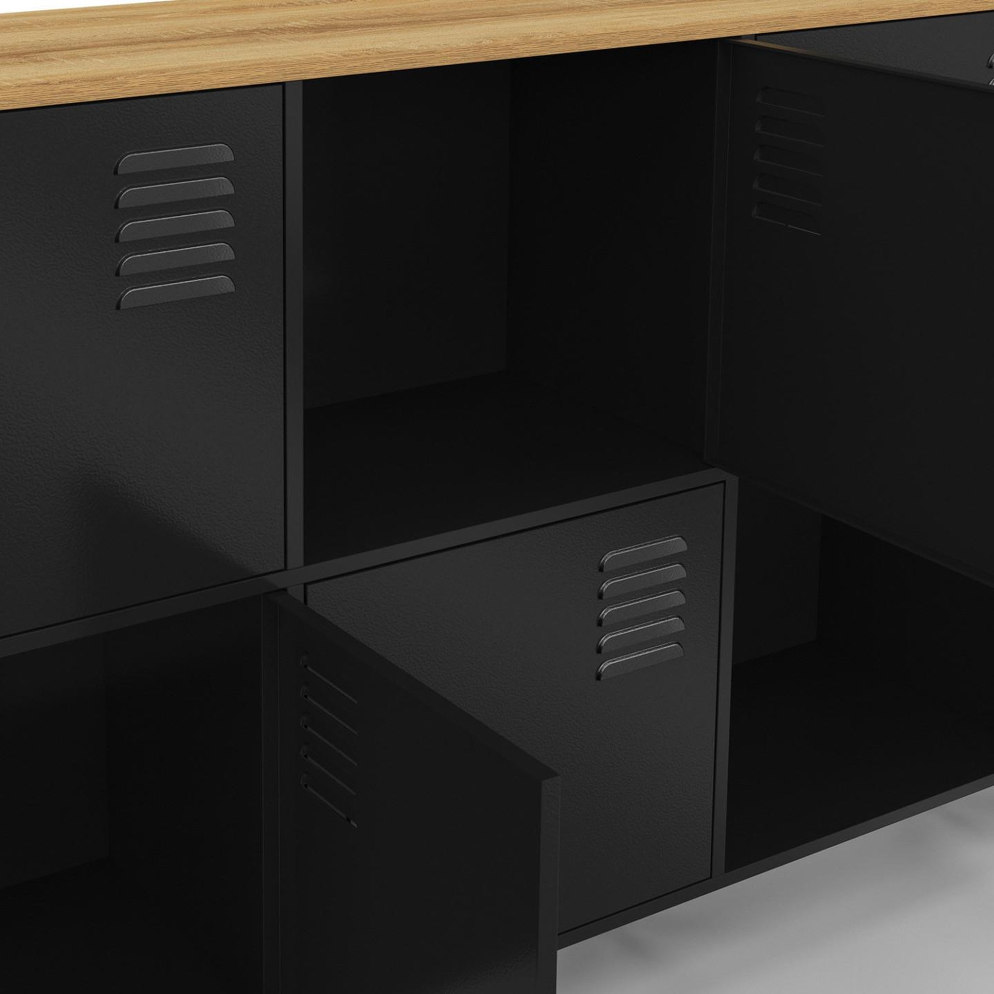 Voir la diapositive 6 : ID MARKET Buffet casier 180 cm ESTER 10 portes en métal noir plateau bois design industriel