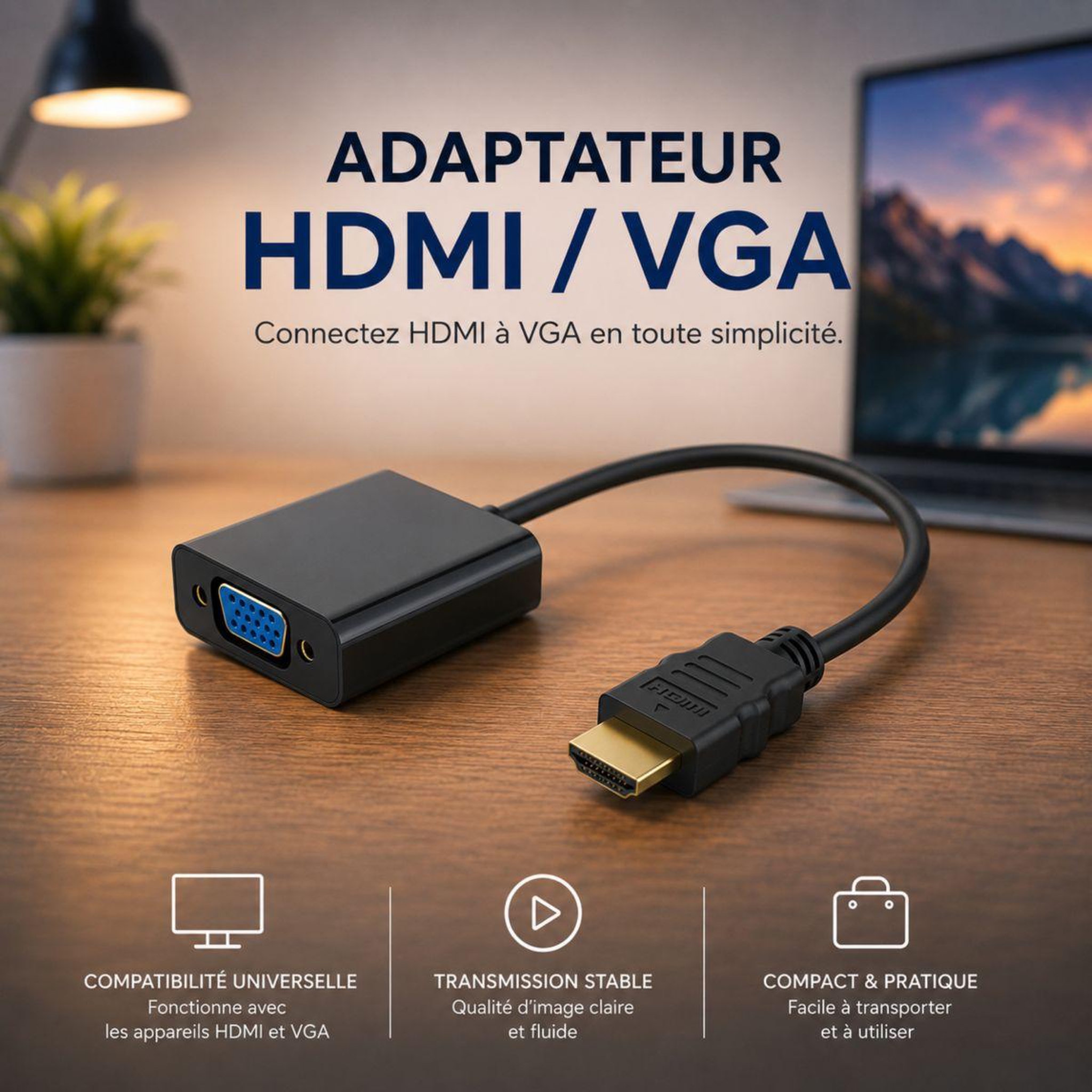 Voir la diapositive 2 : ESSENTIEL B Adaptateur HDMI/VGA HDMI-VGA Vidéo