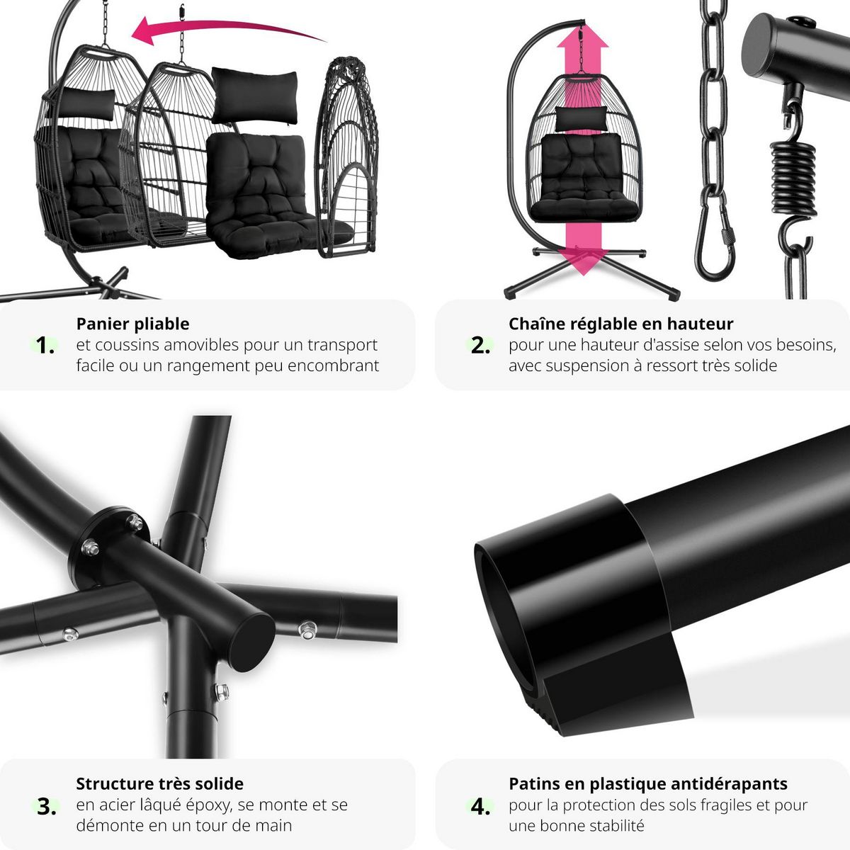 tectake Fauteuil suspendu Ariane avec structure et coussin 160kg
