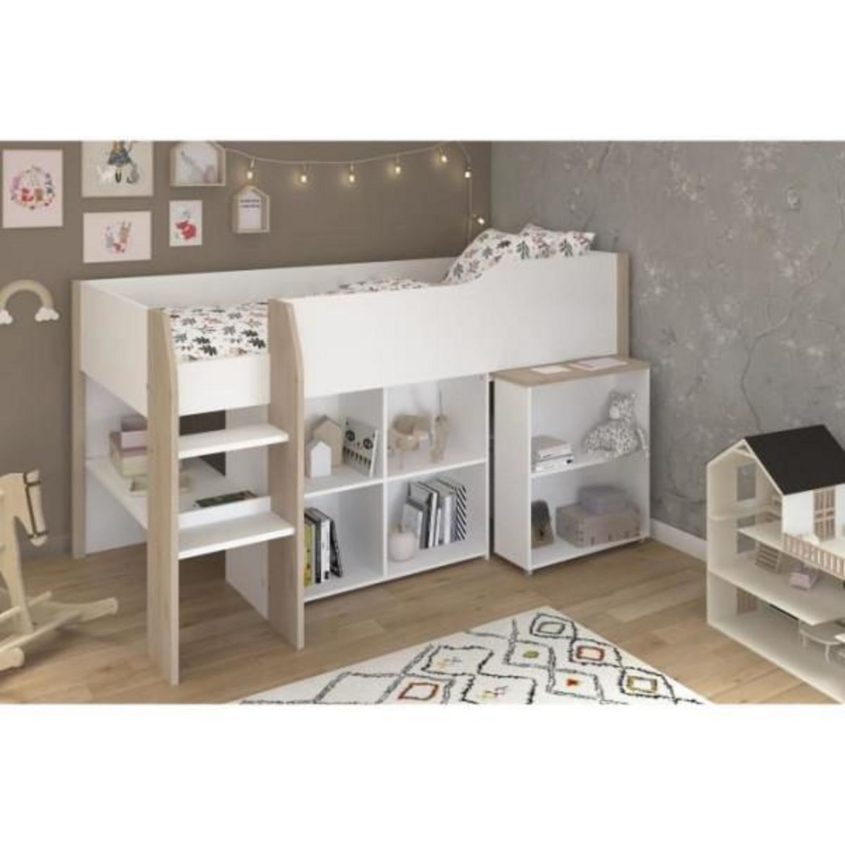 PARISOT Lit combiné enfant avec bureau rétractable - PARISOT - LIAM - Blanc et chene - Sommier inclus - 90x200 cm
