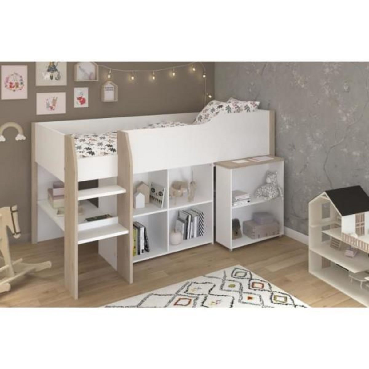 PARISOT Lit combiné enfant avec bureau rétractable - PARISOT - LIAM - Blanc et chene - Sommier inclus - 90x200 cm