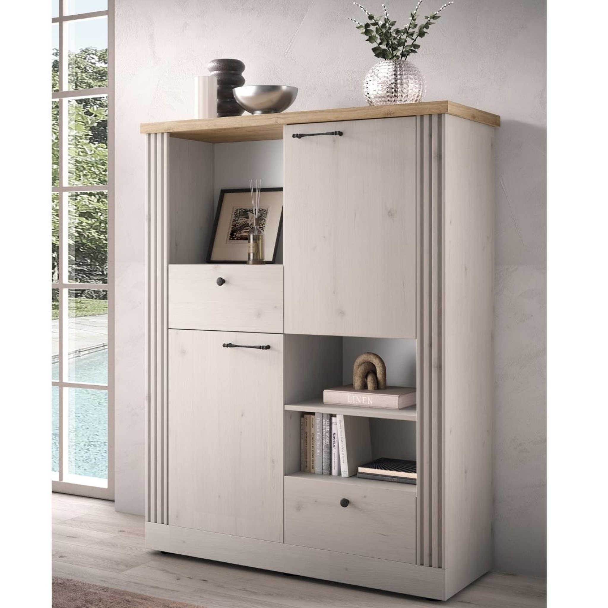 Voir la diapositive 4 : JLC KREATION Argentier moderne avec étagères coloris chêne naturel YANIS