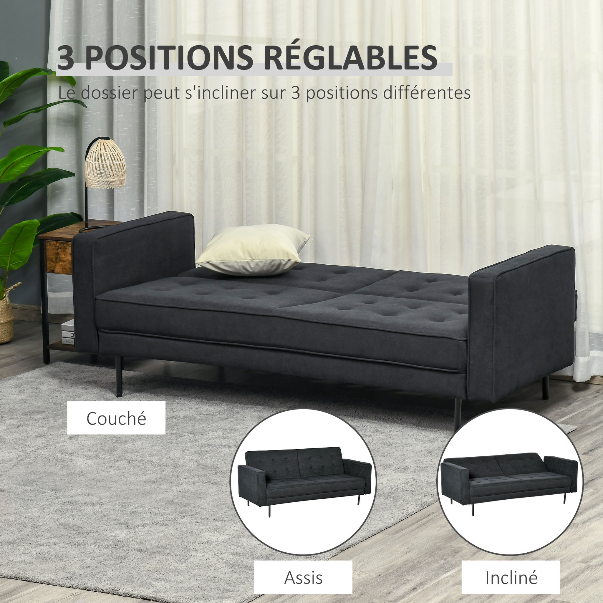 Voir la diapositive 5 : HOMCOM Canapé convertible 2 places style Chesterfield capitonné dossier inclinable 3 positions tissu gris foncé