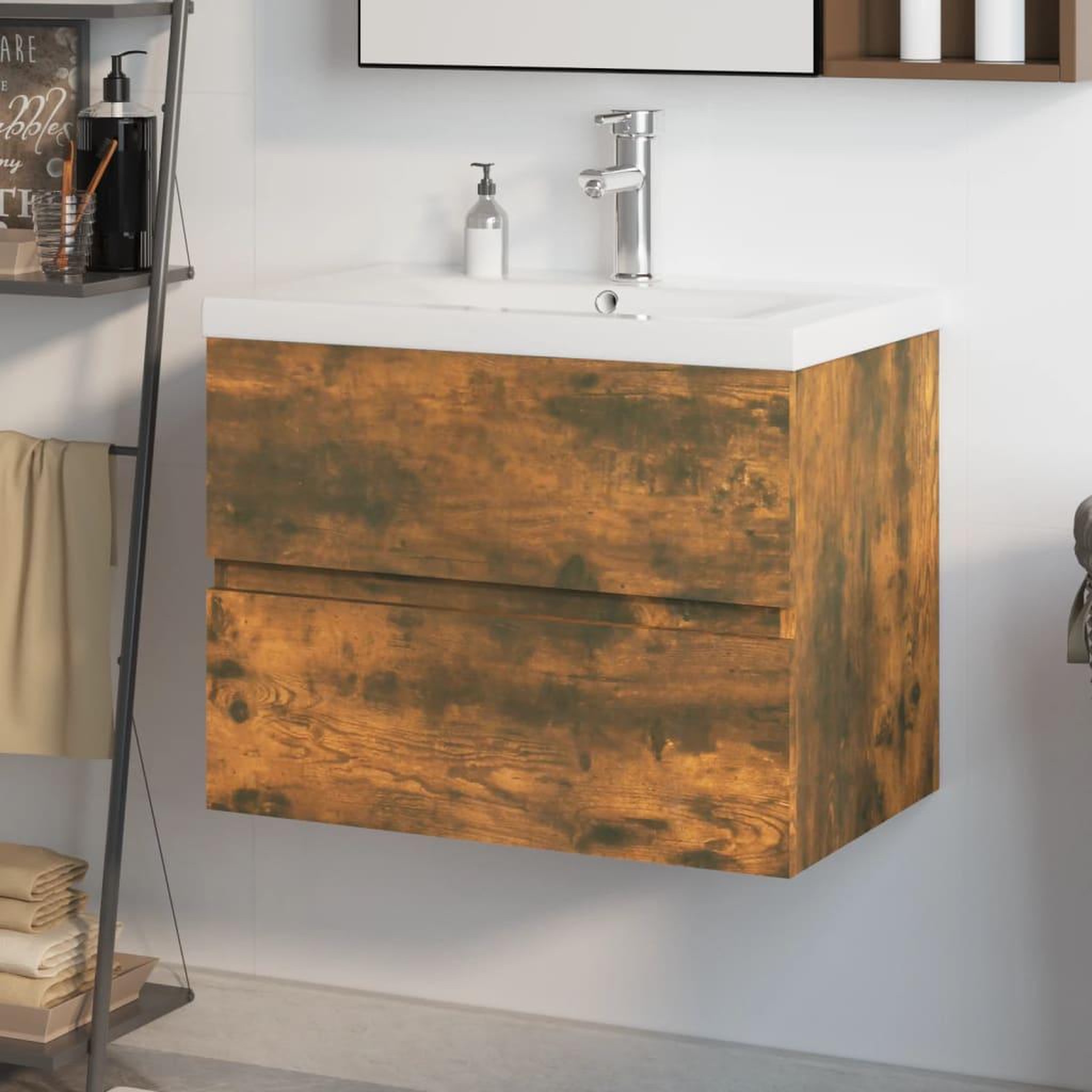 Voir la diapositive 1 : VIDAXL Meuble lavabo avec bassin integre Chene fume Bois d'ingenierie