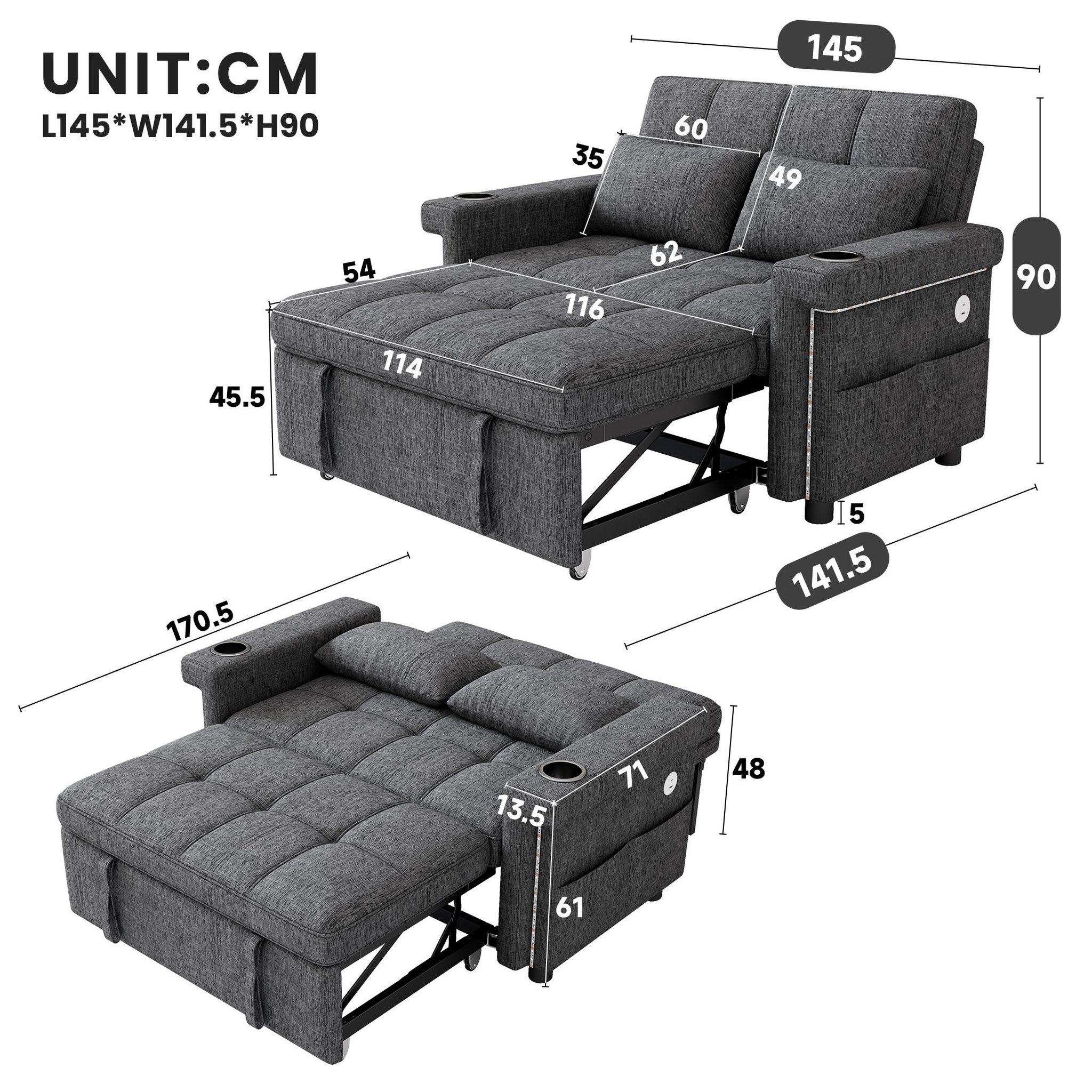 Voir la diapositive 3 : MERAX Canapé convertible 2 places avec dossier réglable et ports usb type-c tissu chenille