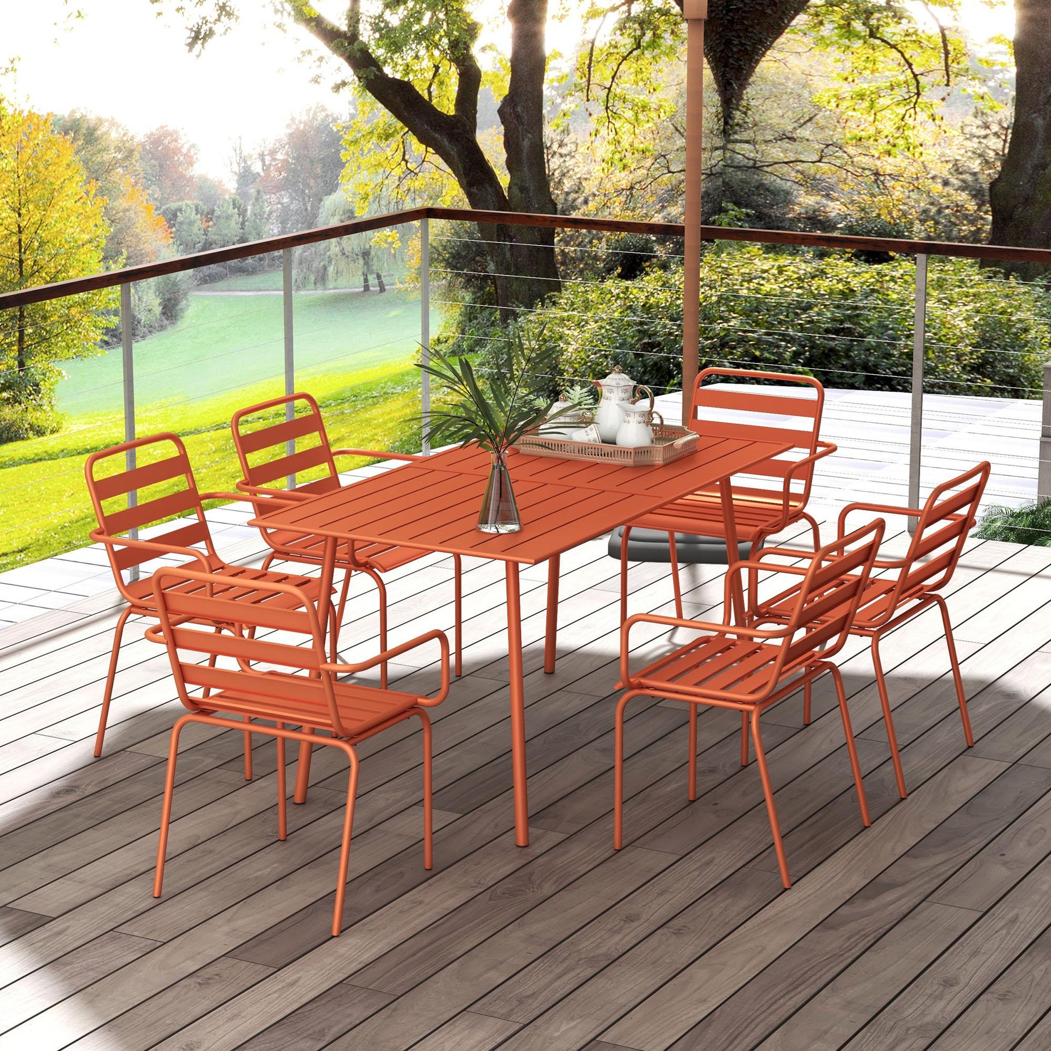 Voir la diapositive 4 : OUTSUNNY Salon de jardin 6 places 7 pièces - table à manger 6 chaises empilables - acier thermolaqué terre battue