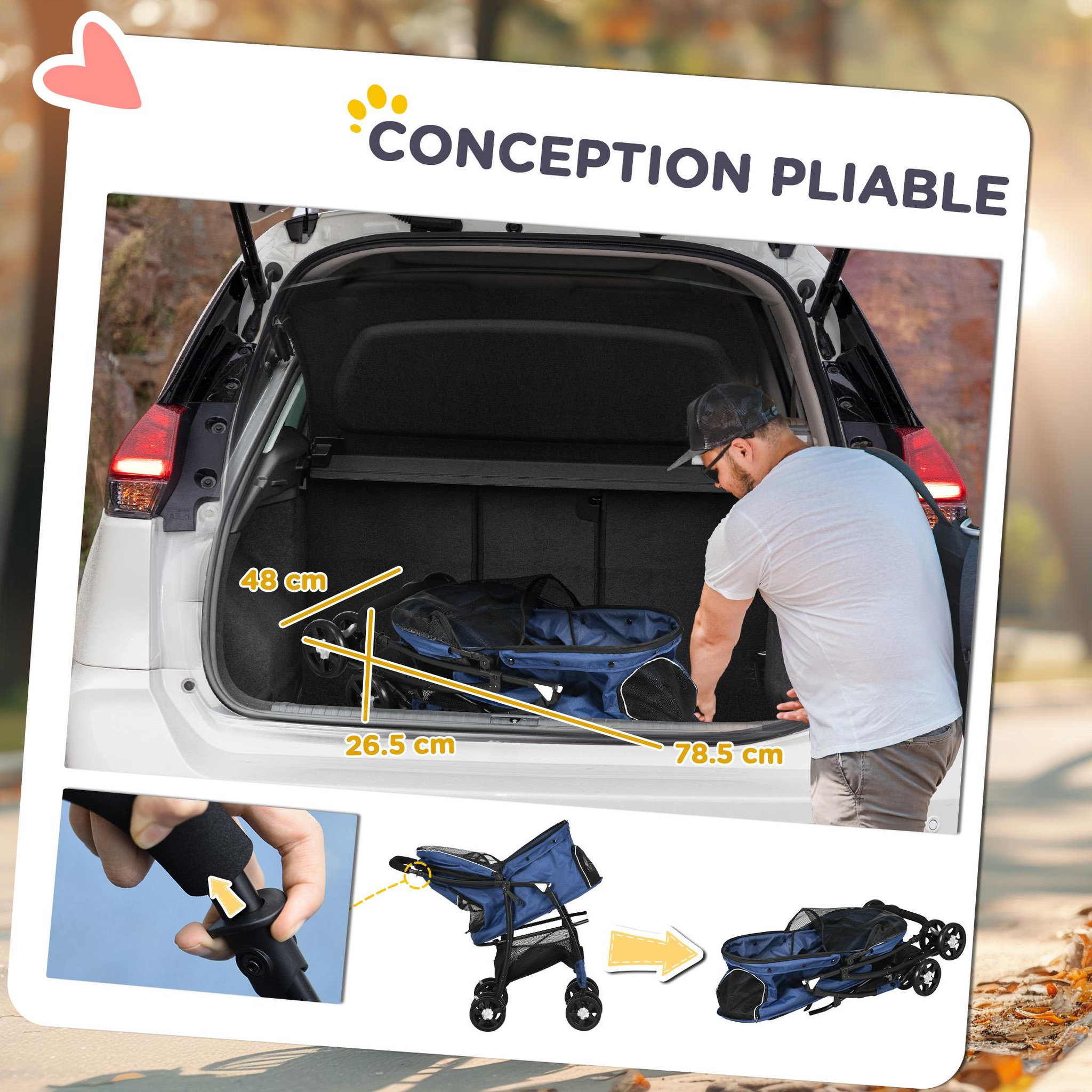 Voir la diapositive 5 : PAWHUT Poussette pliable pour chien chat - 4 roues doubles, 2 freins, attache, coussin inclus - acier Oxford bleu