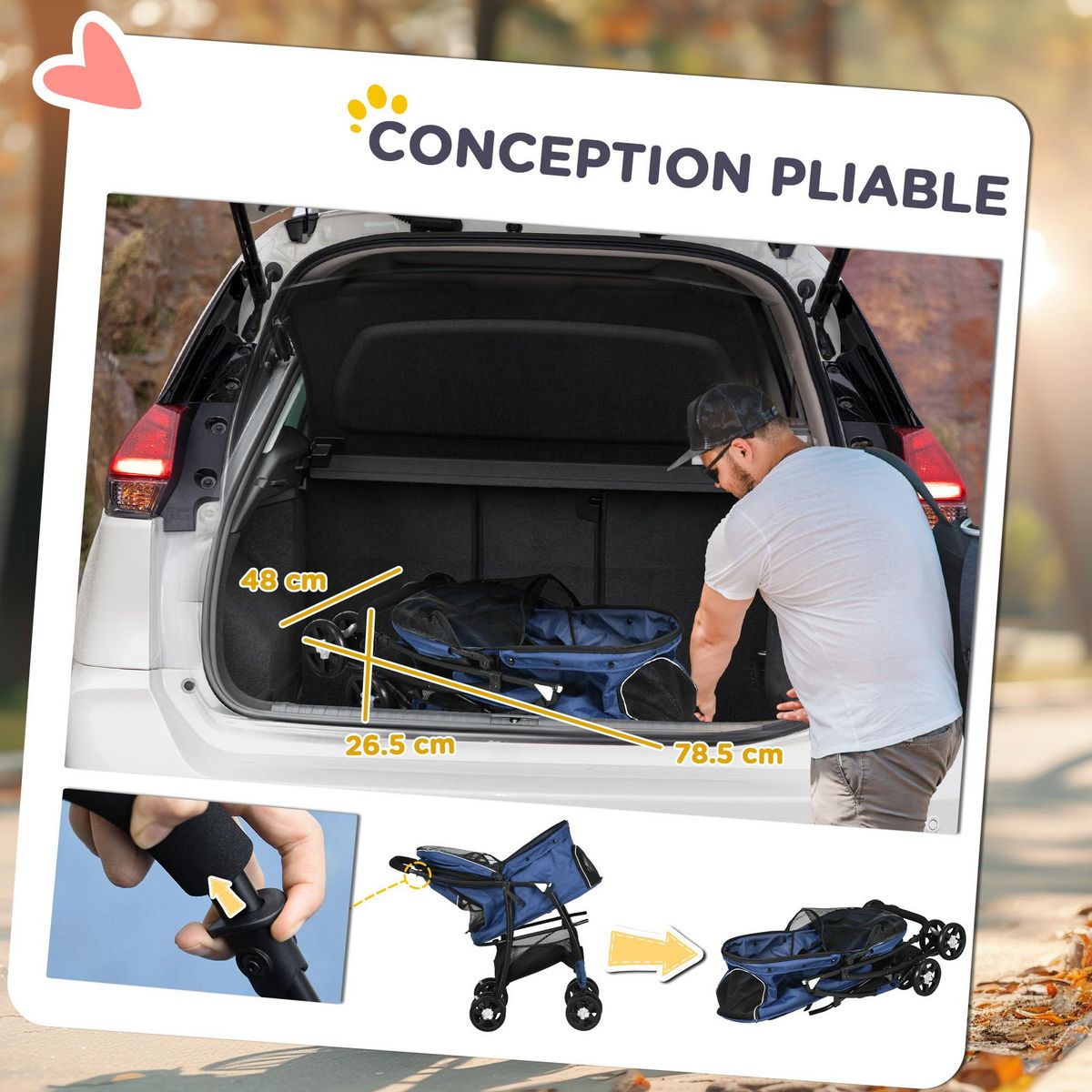 PAWHUT Poussette pliable pour chien chat - 4 roues doubles, 2 freins, attache, coussin inclus - acier Oxford bleu