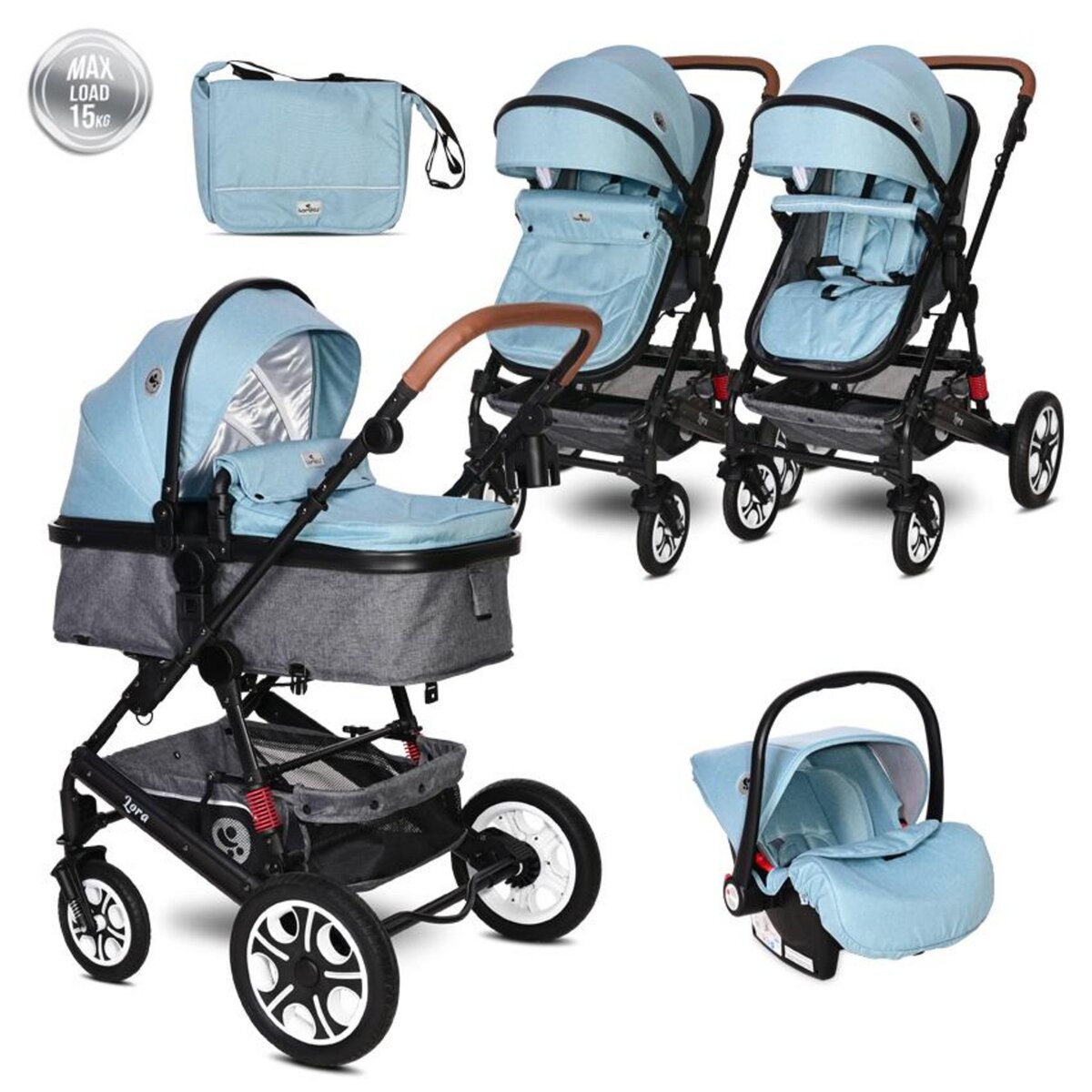 Poussette combinée trio 3 en 1 - siège auto 0m - nacelle - dès la naissance  - jusqu'à 15kg - lora gris Lorelli