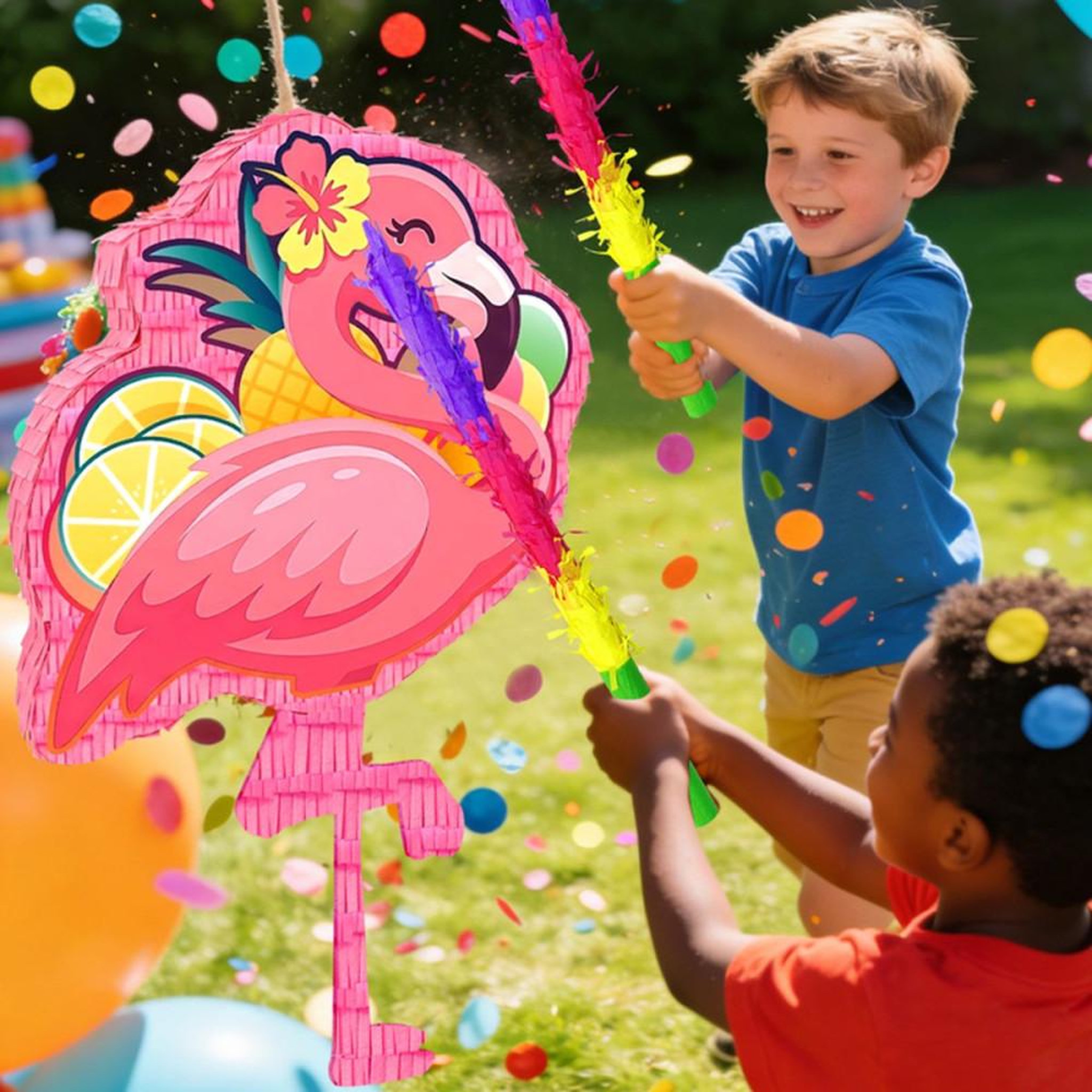 Voir la diapositive 4 : Piñata flamant rose tropical 58 cm, kit décoration hawaïenne avec bâton et masque de jeu