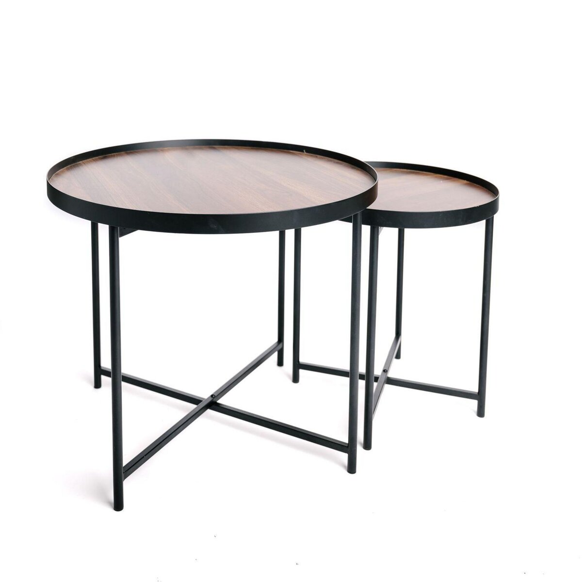  Lot de 2 tables d'appoint ou tables gigogne ronde en MDF et métal - Marron et noir