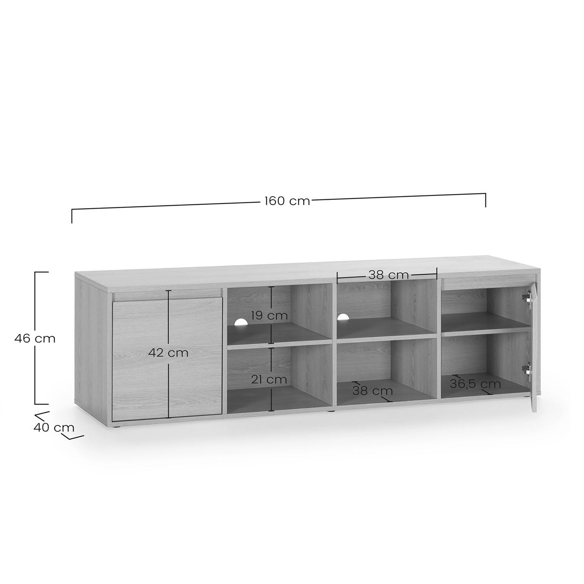 Voir la diapositive 6 : VS VENTA-STOCK Meuble TV Tori 2 Portes 4 Trous, Couleur Chêne, 160 cm