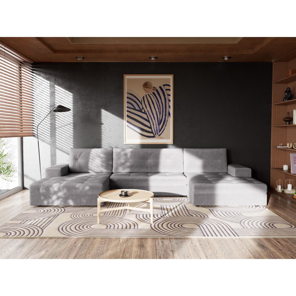 BEST MOBILIER Bastian - canapé panoramique en u 7 places convertible avec coffre en velours texturé