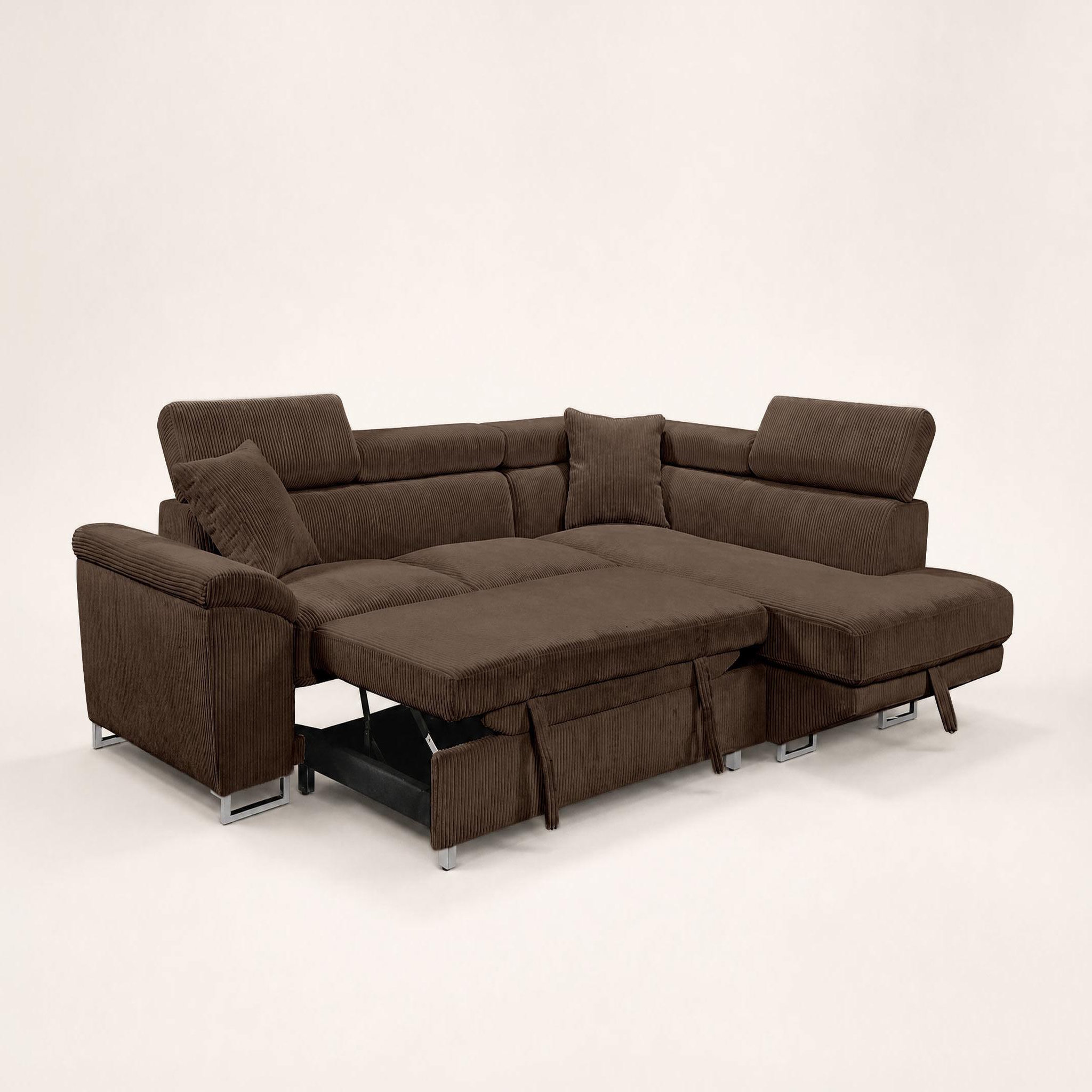 Voir la diapositive 6 : BEST MOBILIER Baoji - canapé d'angle droit 5 places convertible avec têtières et coffre en velours côtelé