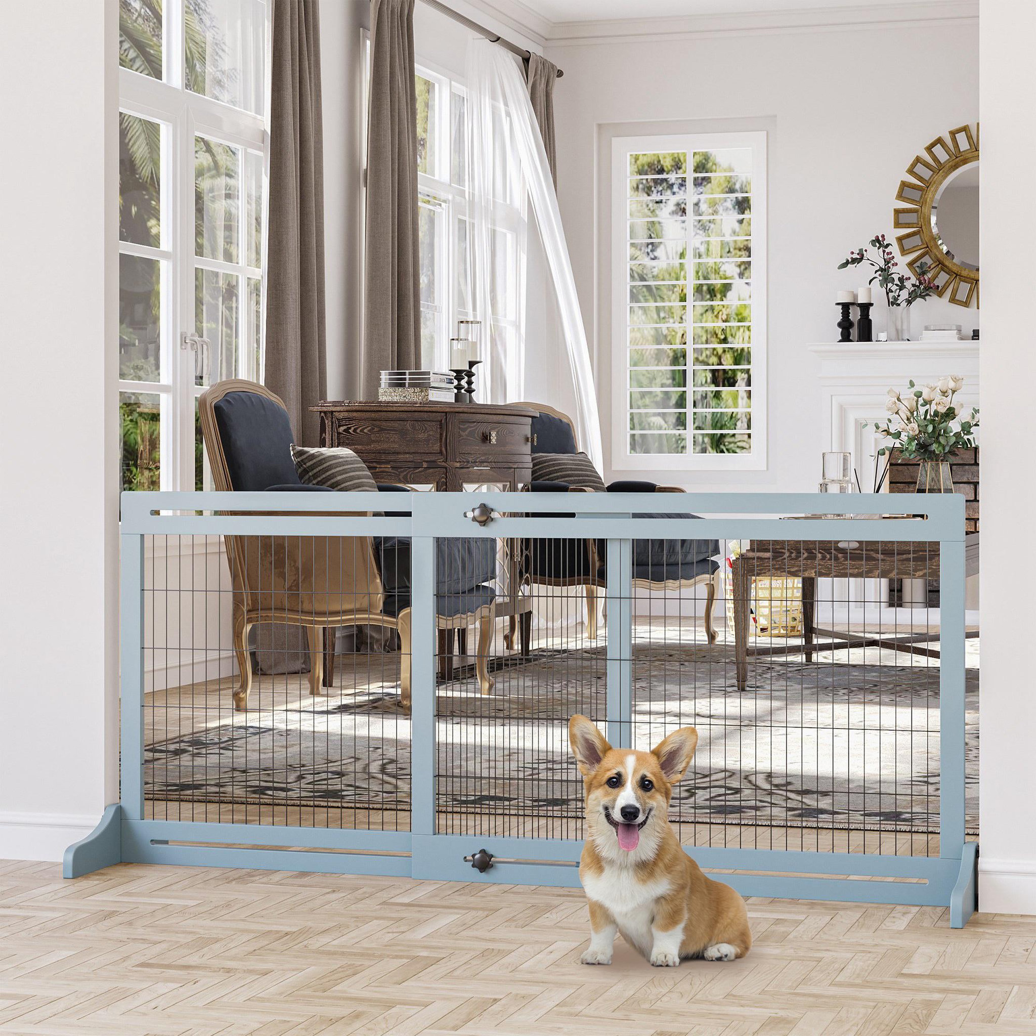Voir la diapositive 2 : PAWHUT Barrière de sécurité chien barrière autoportante longueur réglable dim. 104-183l x 36l x 69h cm bois pin gris acier noir