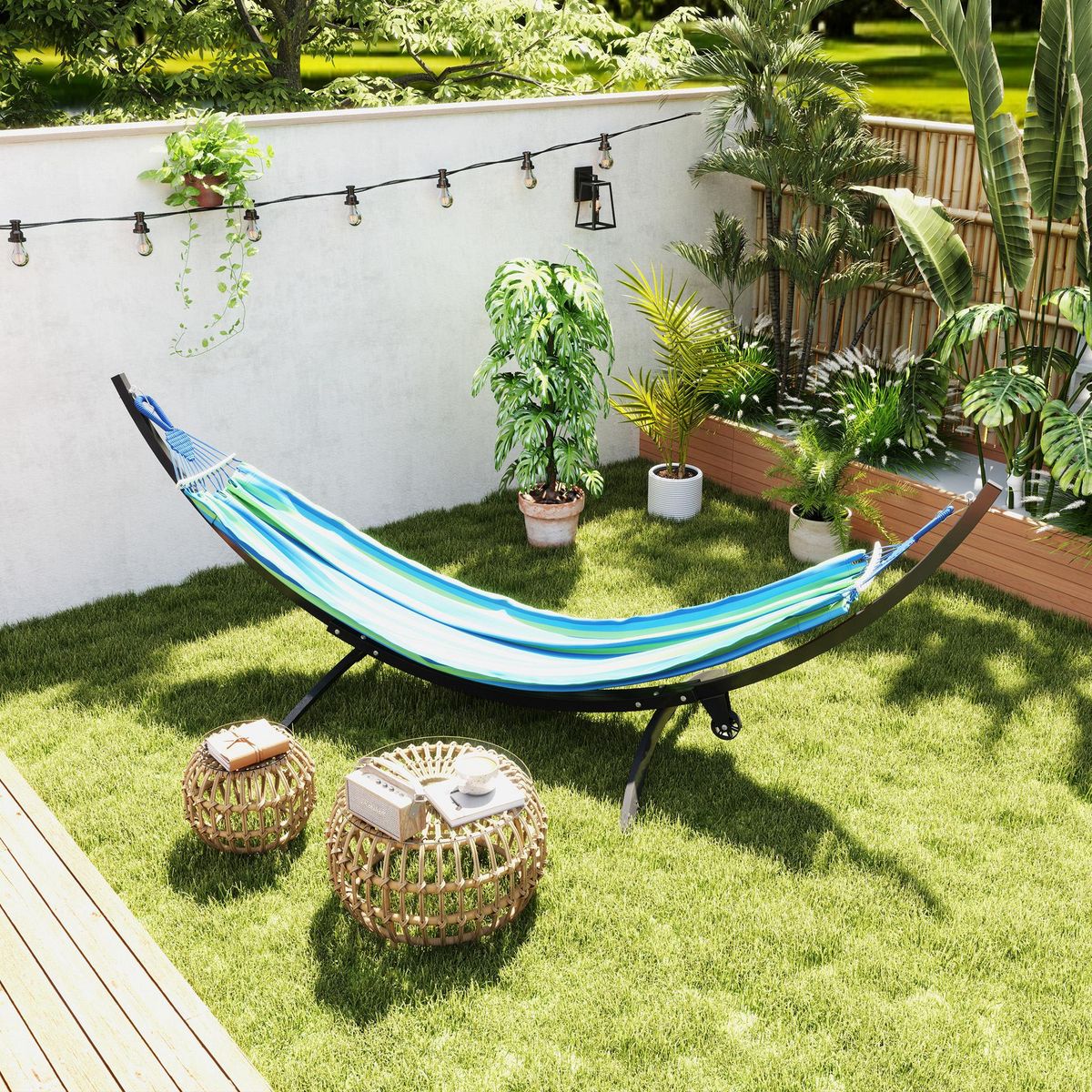 OUTSUNNY Support de hamac en métal avec roue de déplacement max. 150 Kg - chaînes, mousquetons - métal noir