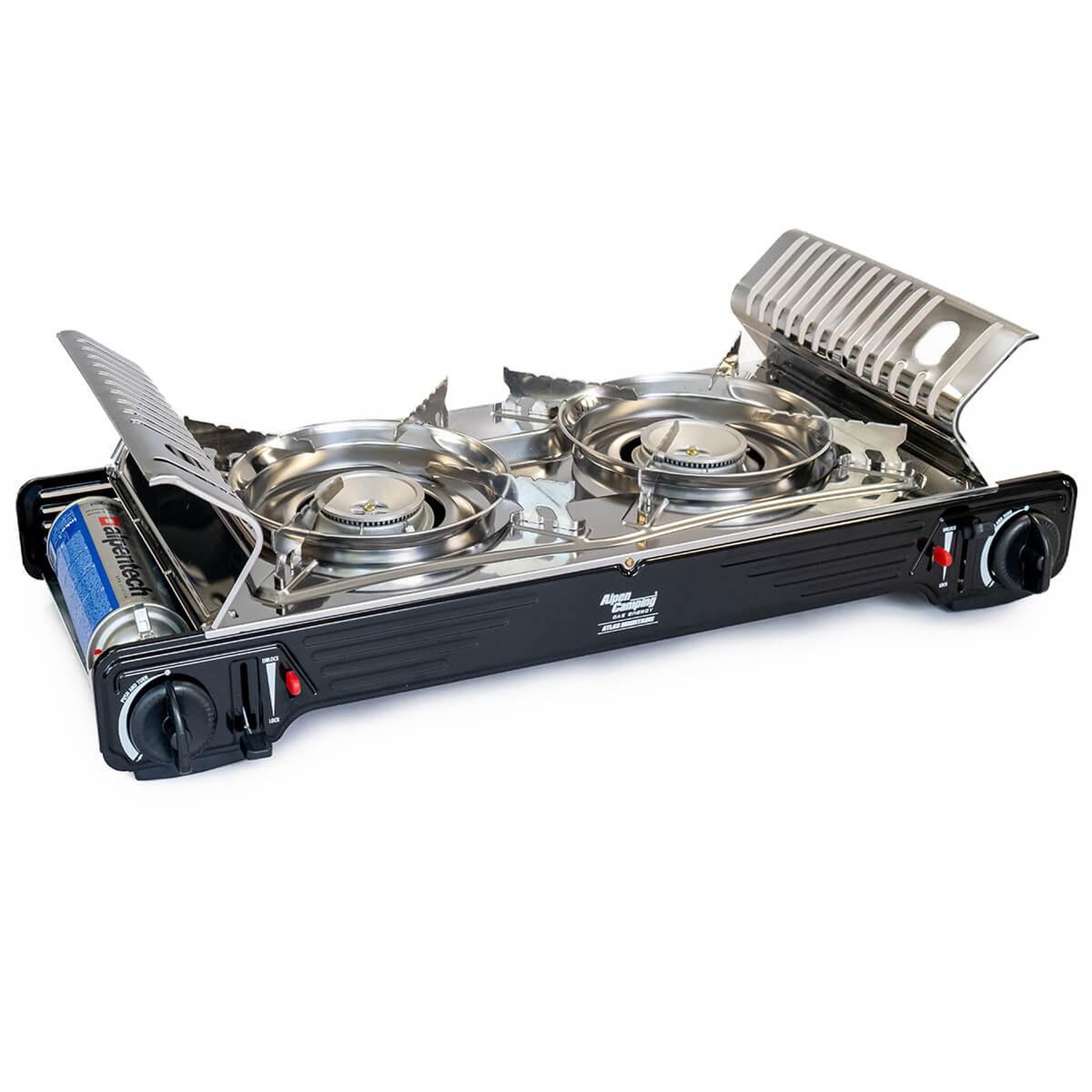 Voir la diapositive 4 : ALPENTECH Réchaud gaz 2 feux 4400W Inox Thermocouple Interieur / Exterieur ATLAS ALPEN
