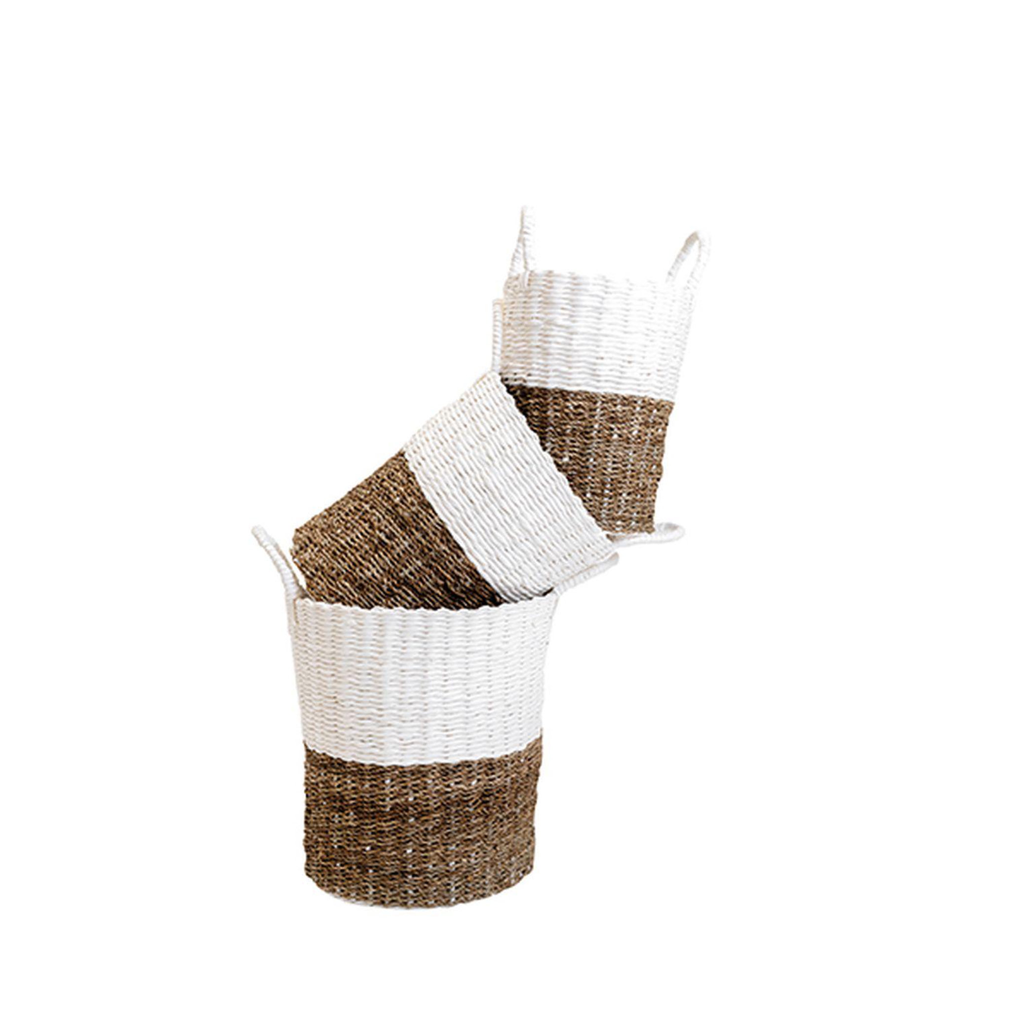 KB8 Lot de 3 Paniers bicolores en jonc et papier tressés - Beige et Blanc