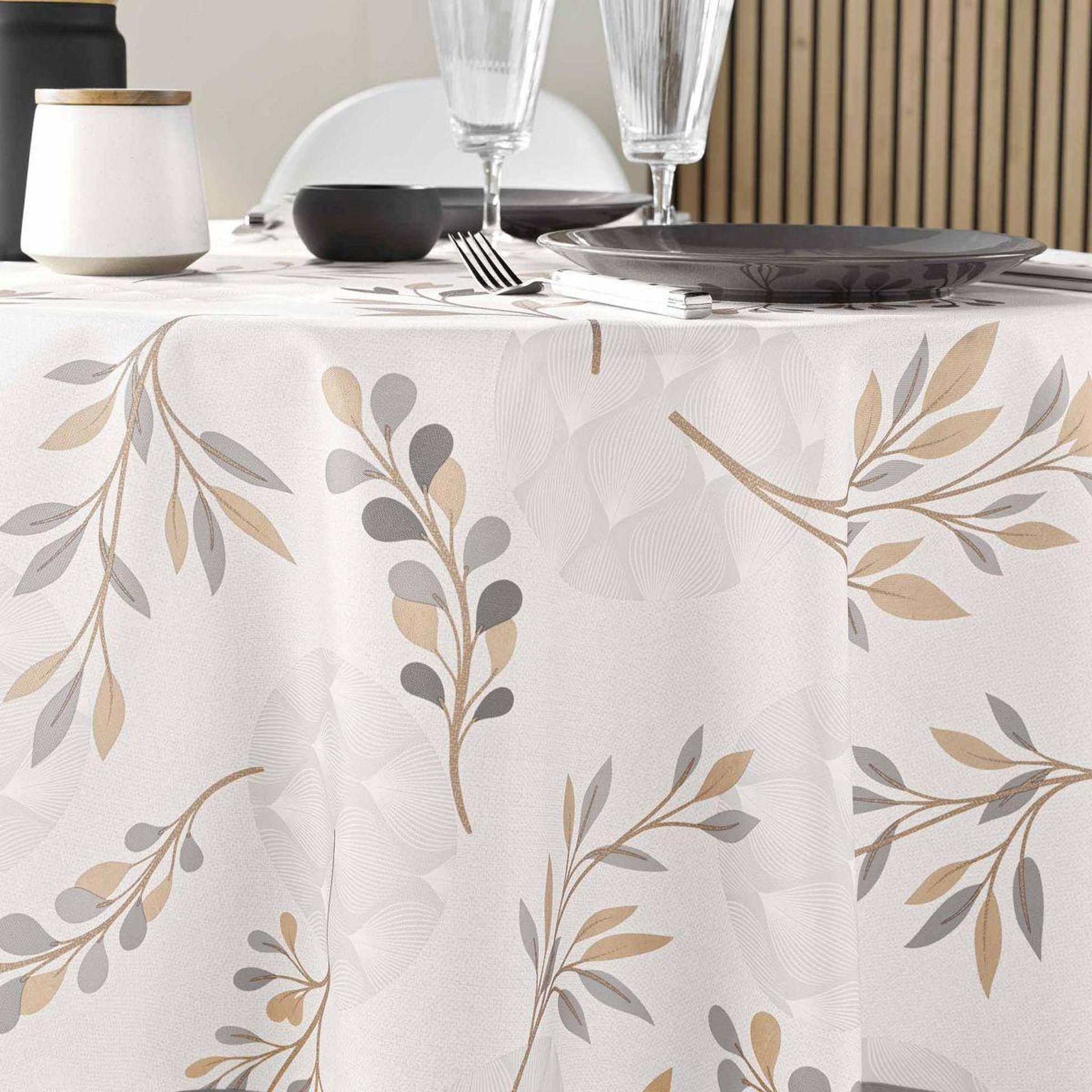 Voir la diapositive 2 : Douceur d'Intérieur Nappe ronde antitache imprimé  manola  180cm naturel