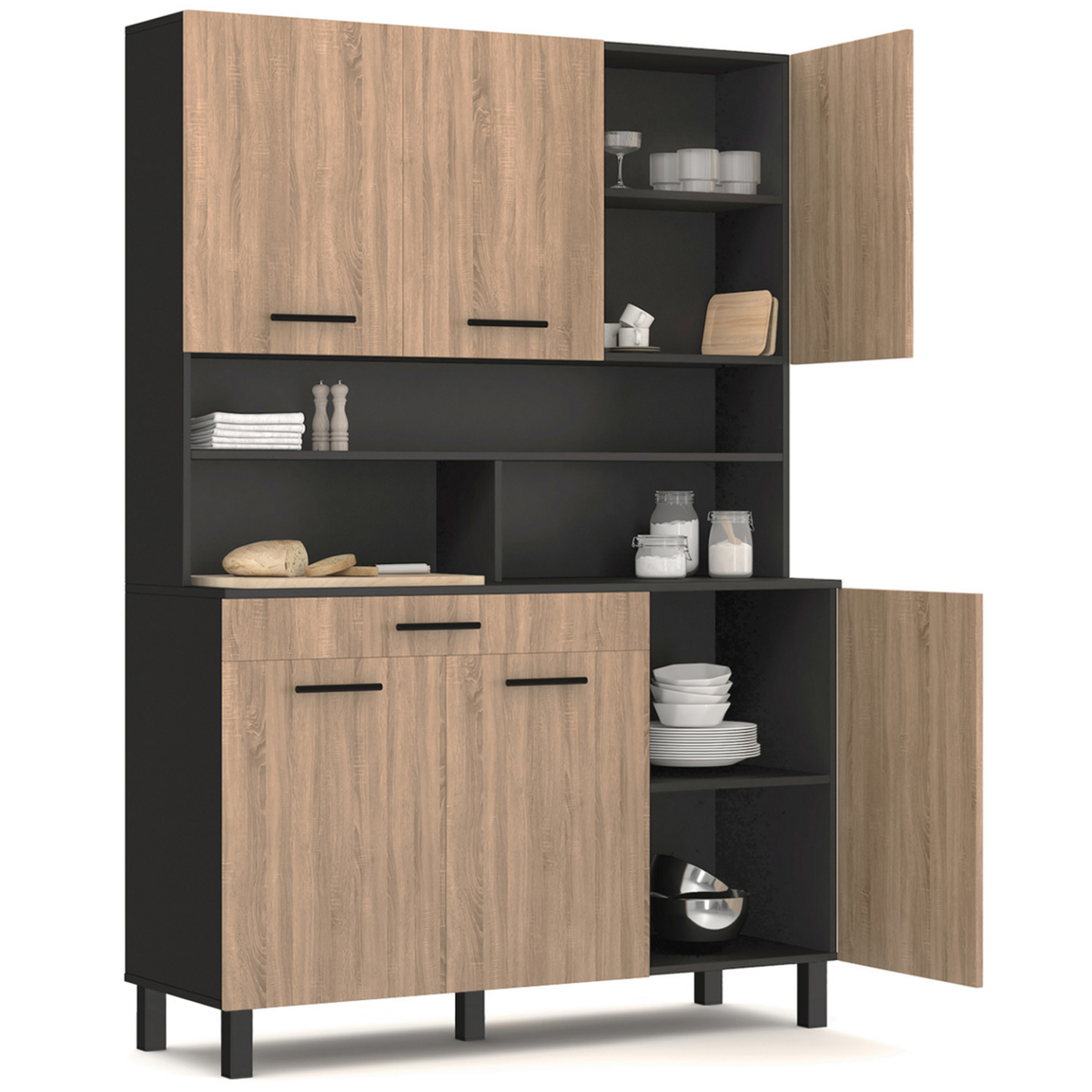 ID MARKET Buffet de cuisine 120 CM CINA 6 portes + tiroir noir et façon hêtre
