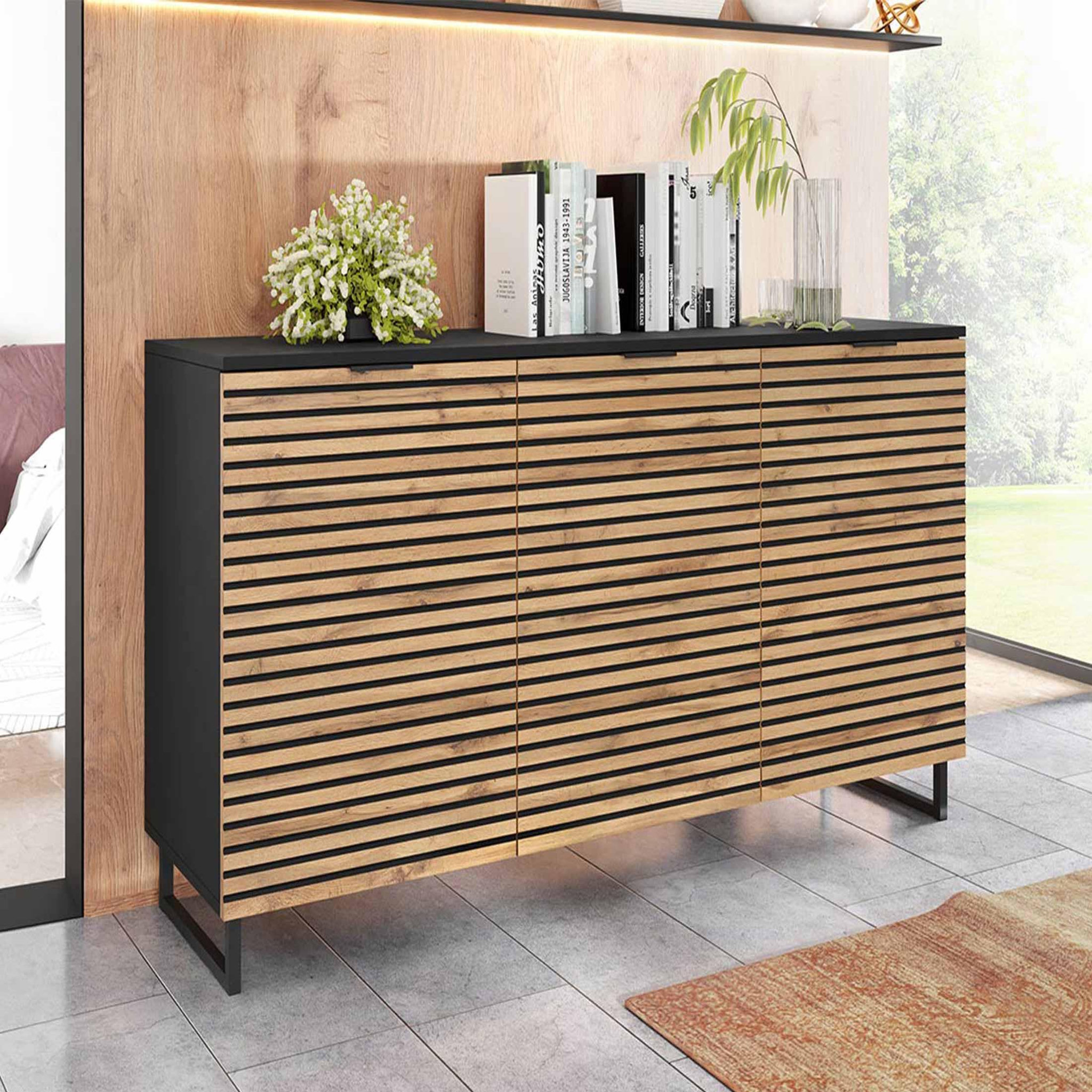 Voir la diapositive 1 : BEST MOBILIER Olympie - buffet bas - effet bois et noir - 150 cm