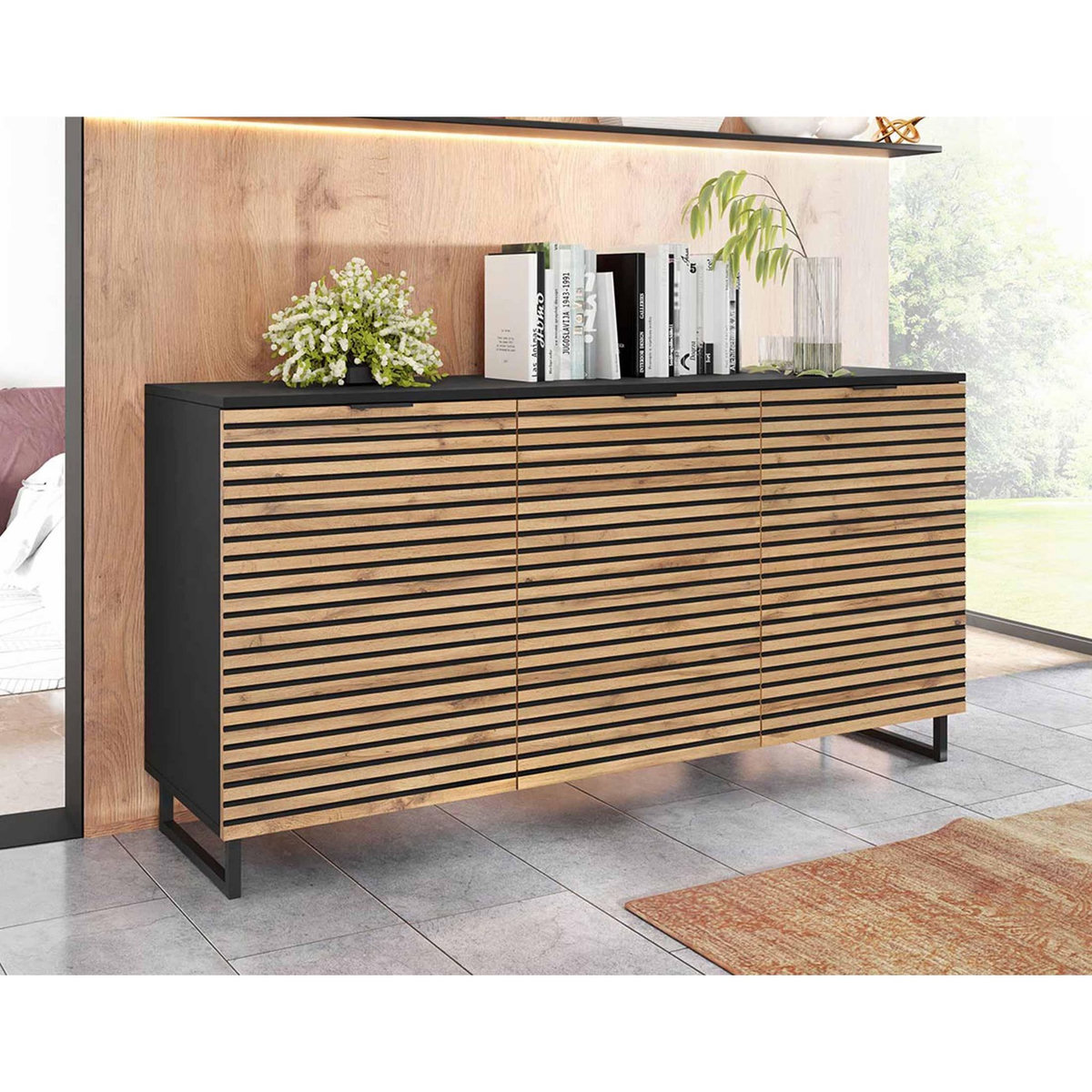 BEST MOBILIER Olympie - buffet bas - effet bois et noir - 150 cm