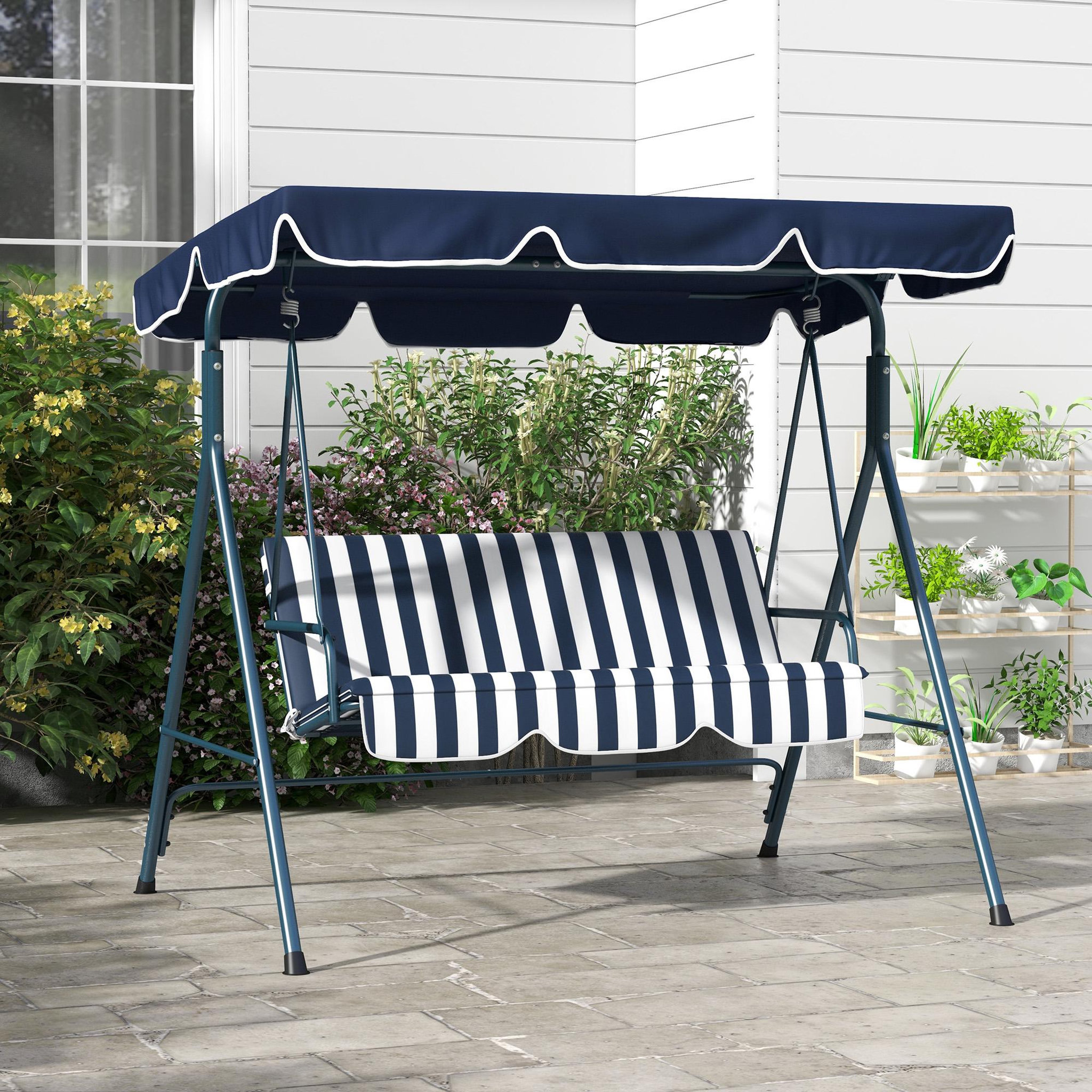 Voir la diapositive 2 : OUTSUNNY Balancelle de jardin 3 places toit réglable acier polyester bleu blanc rayé