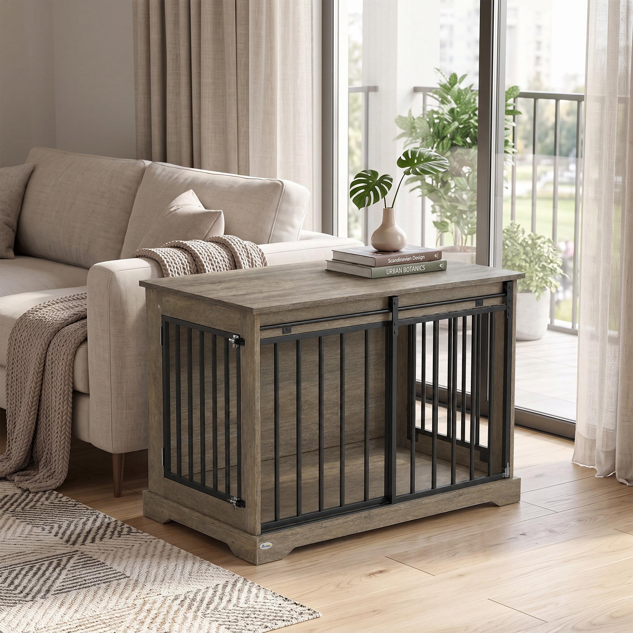 Voir la diapositive 2 : PAWHUT Cage chien design bois métal 100 x 60 x 68 cm porte coulissante et battante