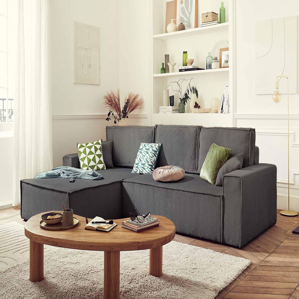 BEST MOBILIER Dellia - canapé d'angle réversible convertible - avec coffre - en velours côtelé - 4 places