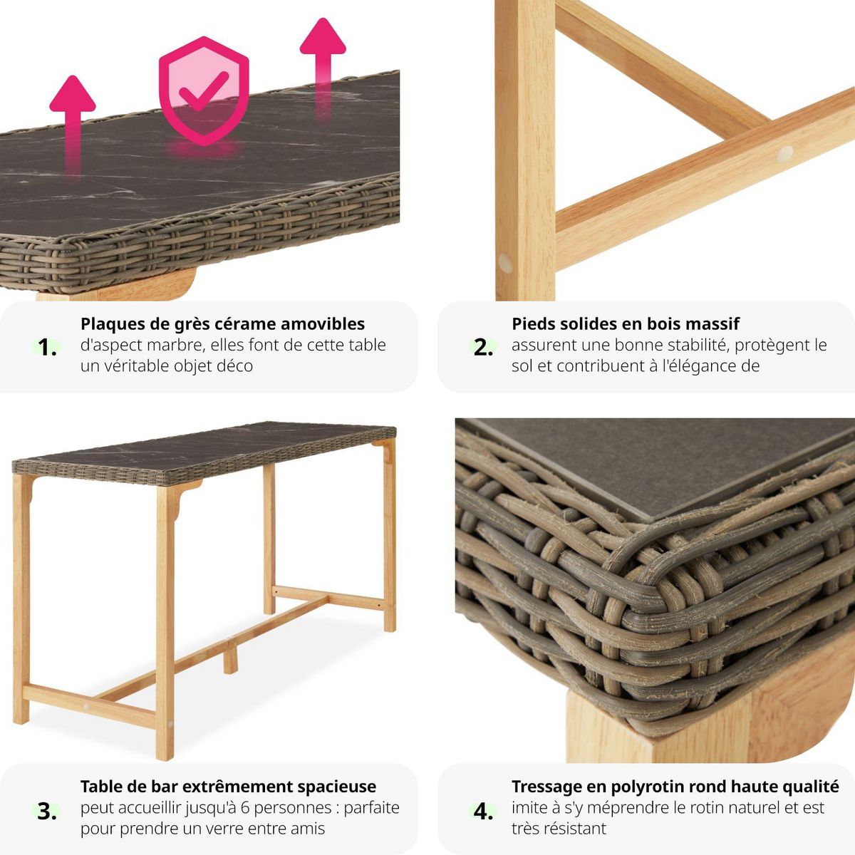tectake Table de bar en rotin avec cadre en aluminium et bois marron naturel