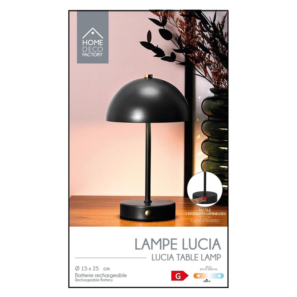 Paris Prix Lampe de Table Rechargeable  Lucia  25cm Noir