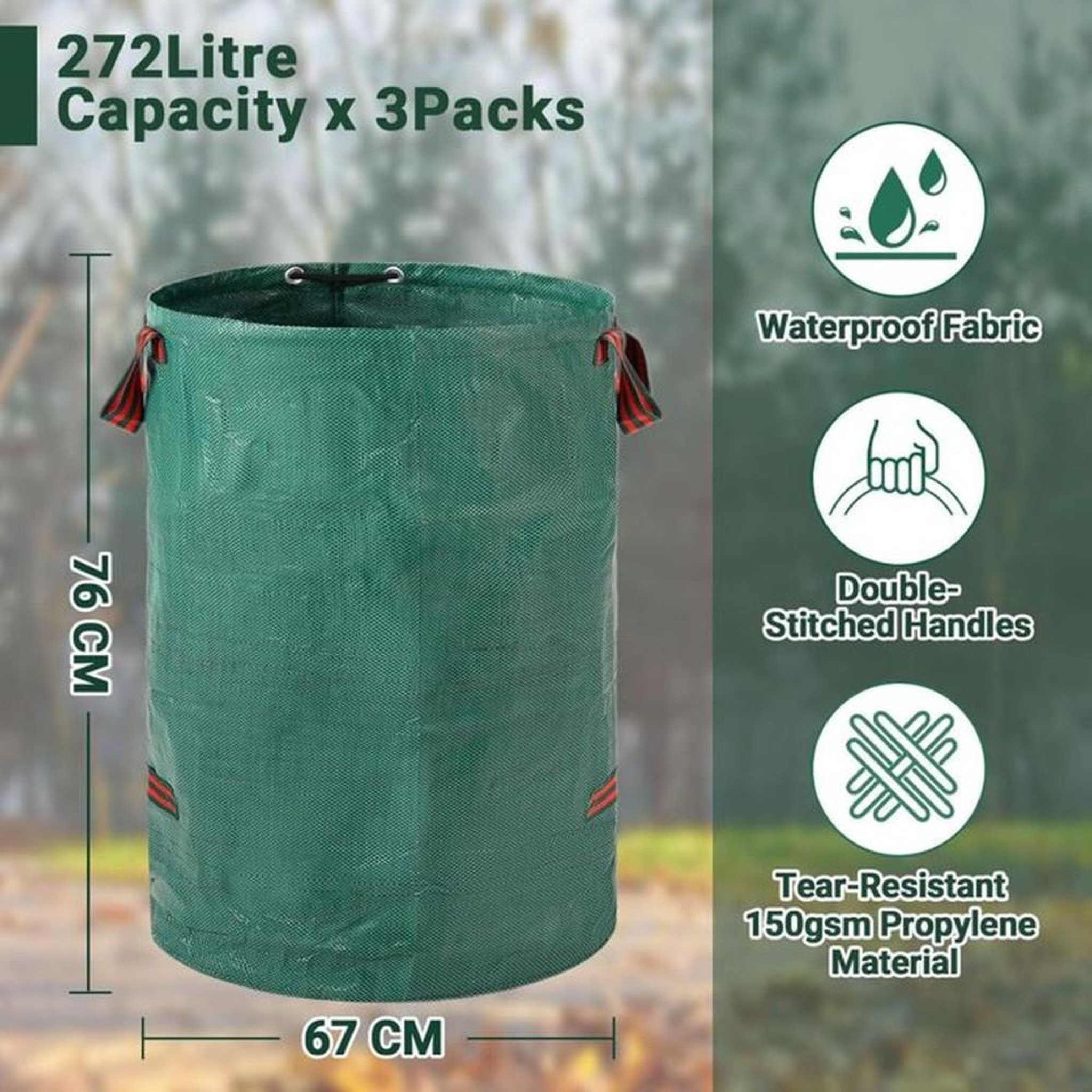 Voir la diapositive 3 : Sacs à déchets verts 272 L lot de 3, polypropylène indéchirable hydrofuge, 4 poignées, coloris vert avec renforts rayés rouge/noir, forme cylindrique 67 x 76 cm
