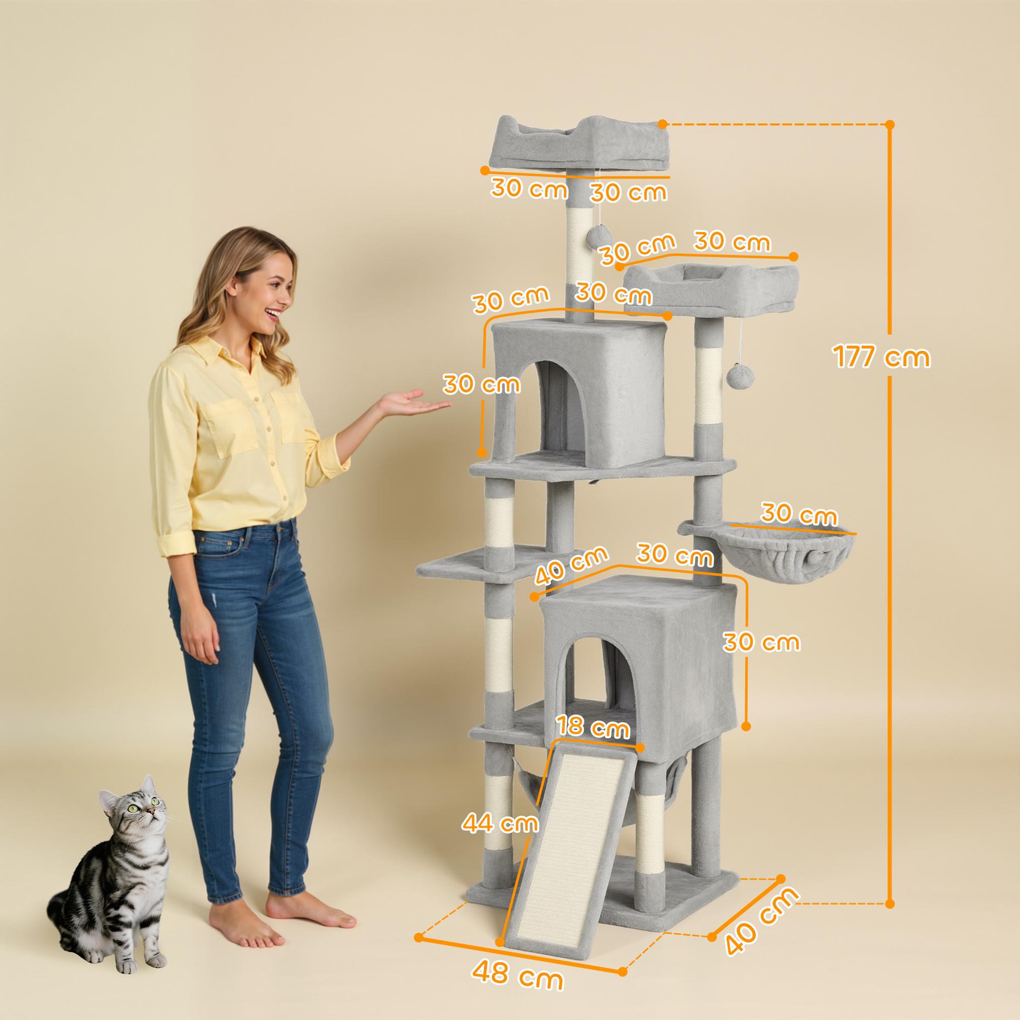 Voir la diapositive 3 : PAWHUT Arbre à chat design grande taille h.177cm équipements jeux multiples sisal naturel peluche gris clair