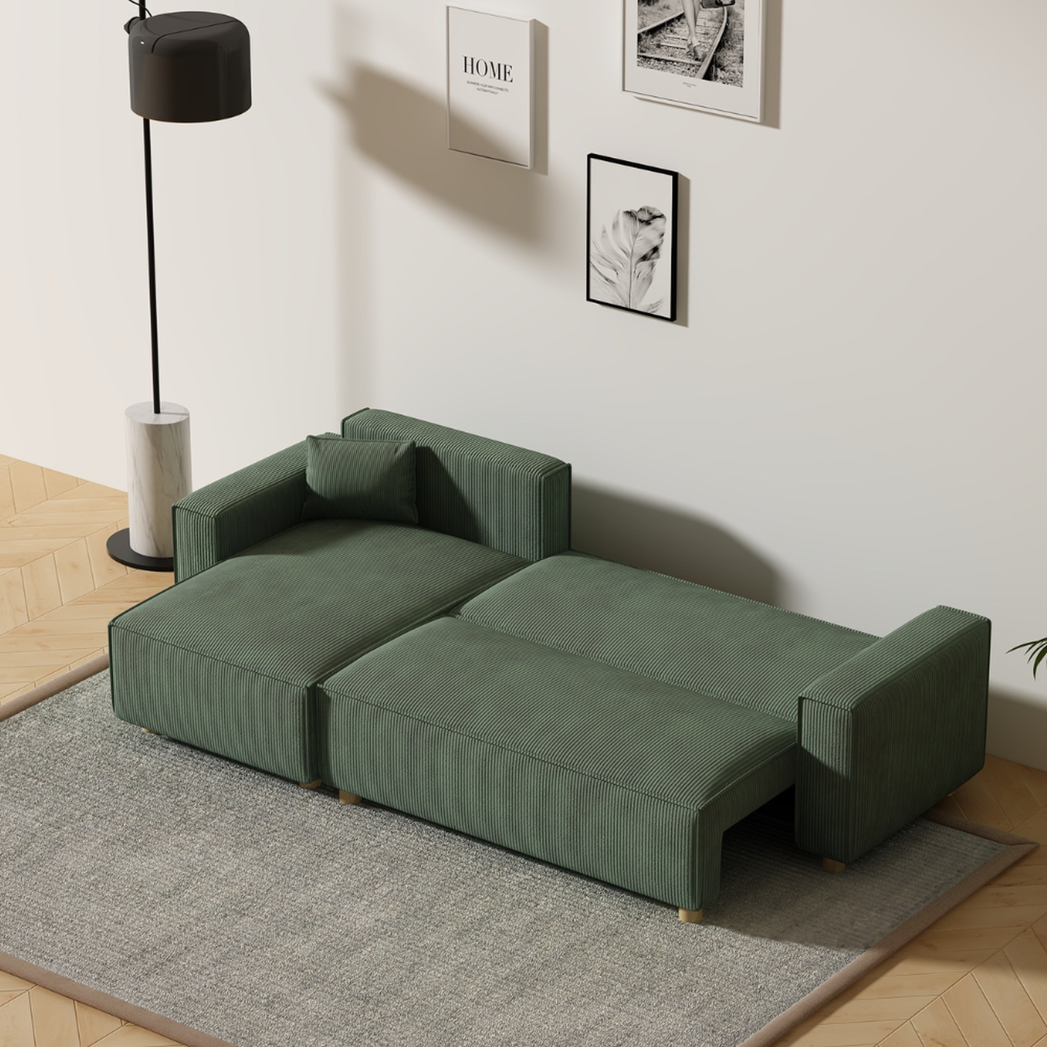 Voir la diapositive 5 : CONCEPT USINE Canapé convertible d'angle en velours côtelé vert cosy