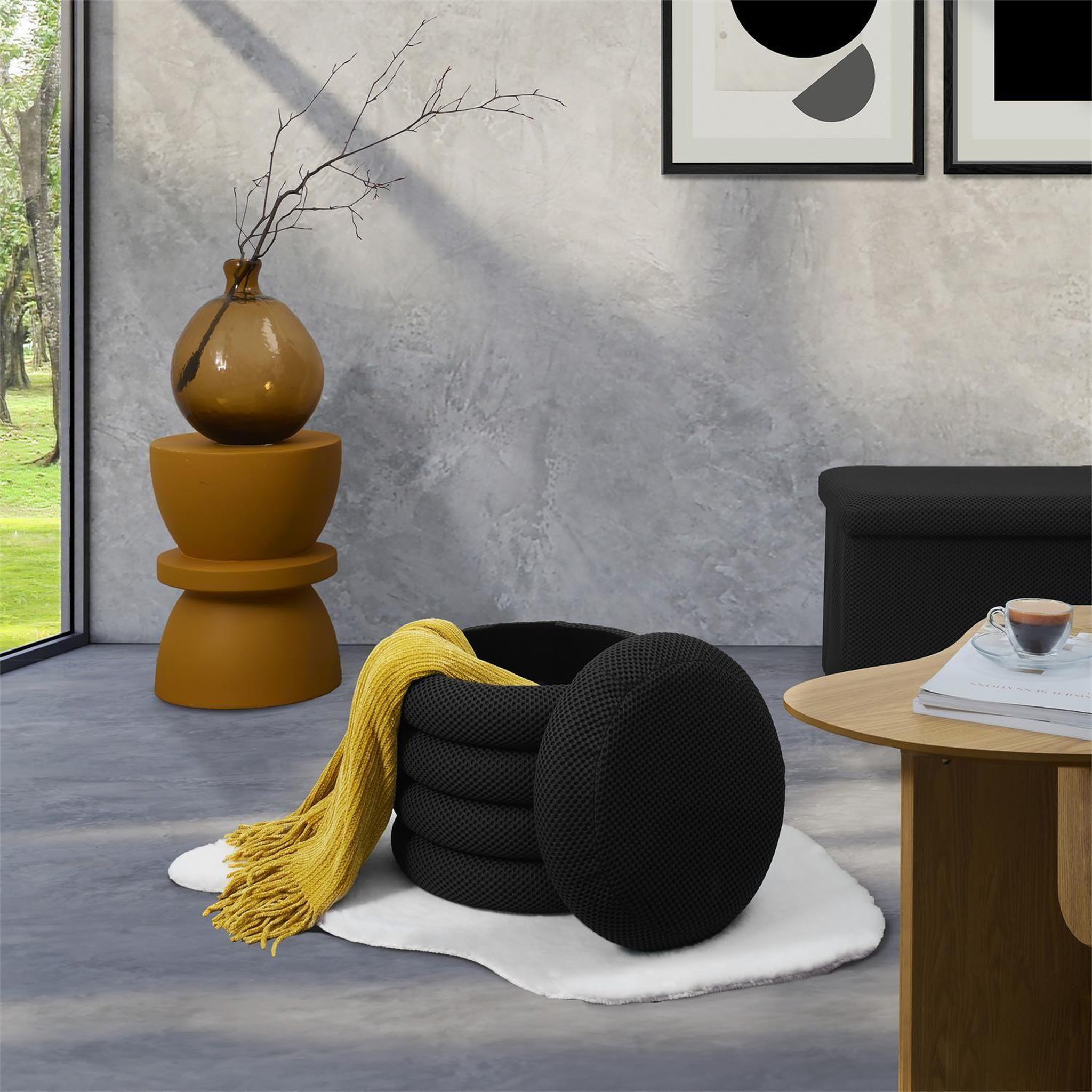 Voir la diapositive 5 : The Home Deco Factory Pouf de rangement maille nid d'abeille atome - noir