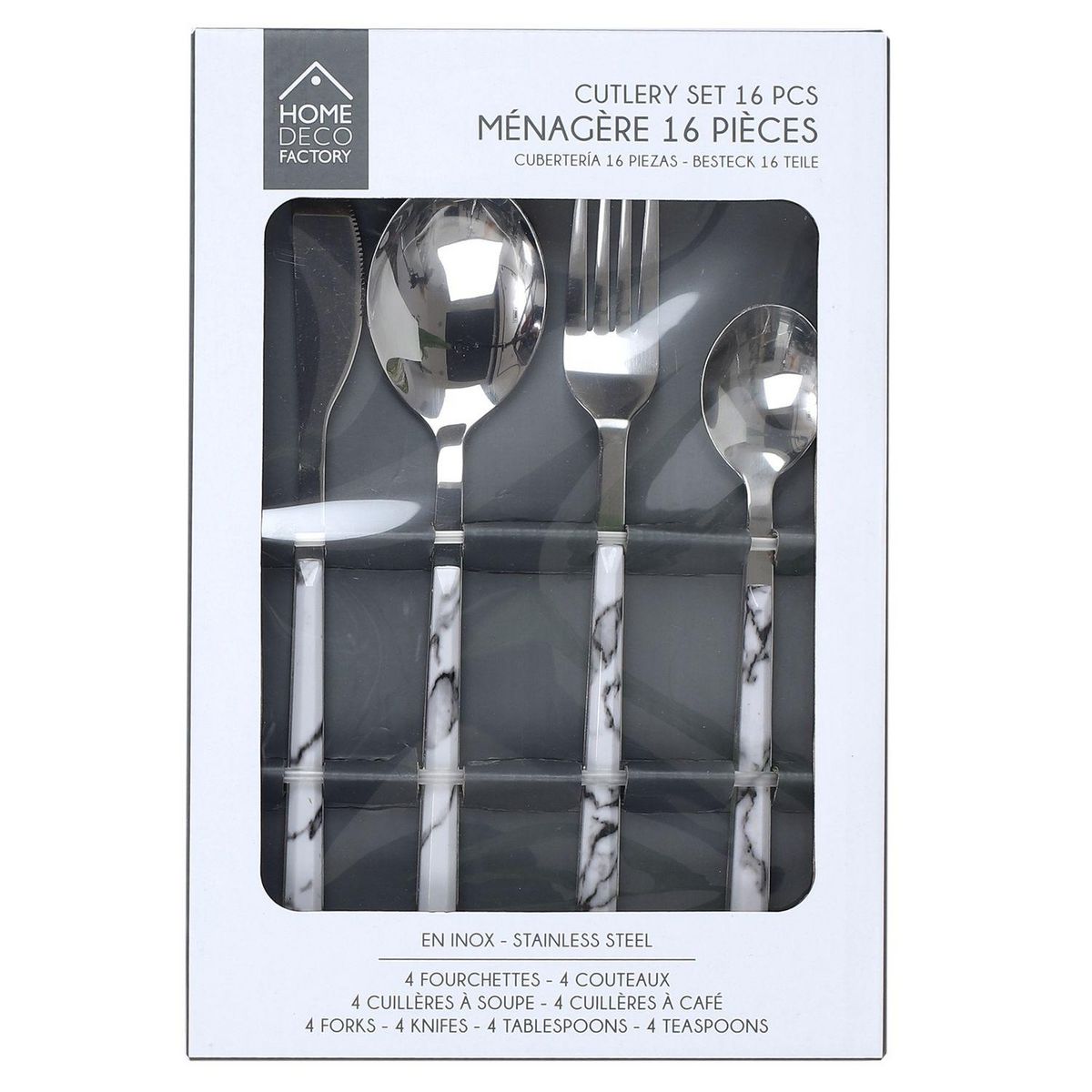 TOILINUX Lot de 3 Ménagères manche effet marbre 48 couverts - Blanc et Noir