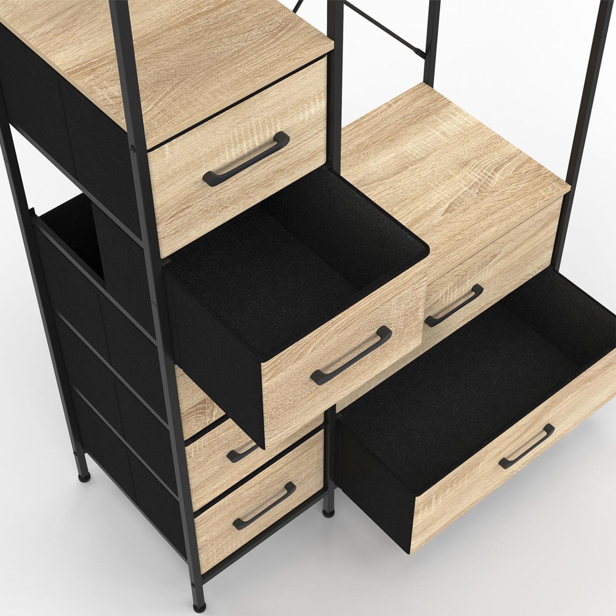 Voir la diapositive 5 : ID MARKET Dressing penderie + colonne L. 90 cm UTAH avec 1 étagère et 7 bacs en tissu bois et noir